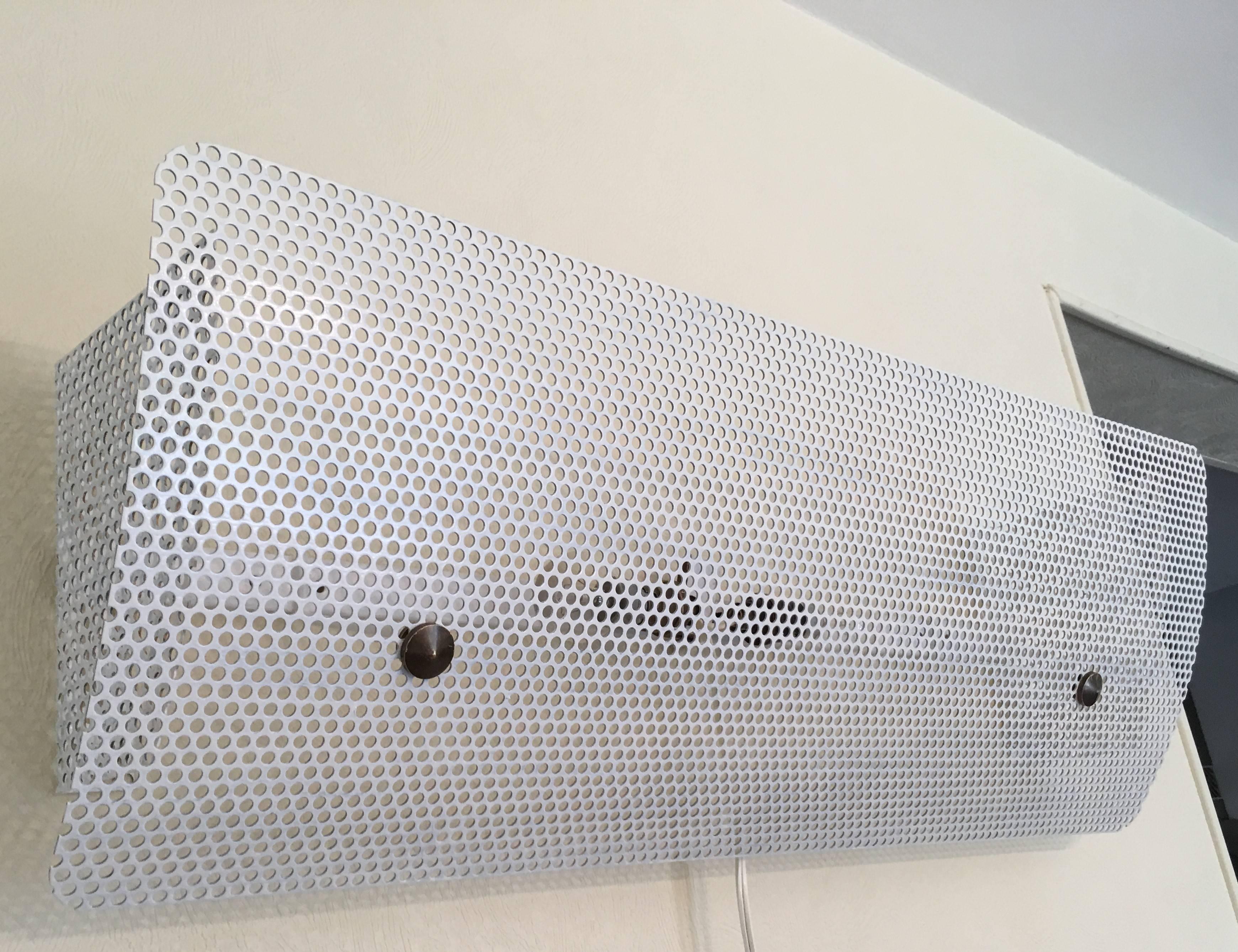 French Pierre Guariche G320 Large White Perforated Metal Wall Lamp, 1952, France For Sale