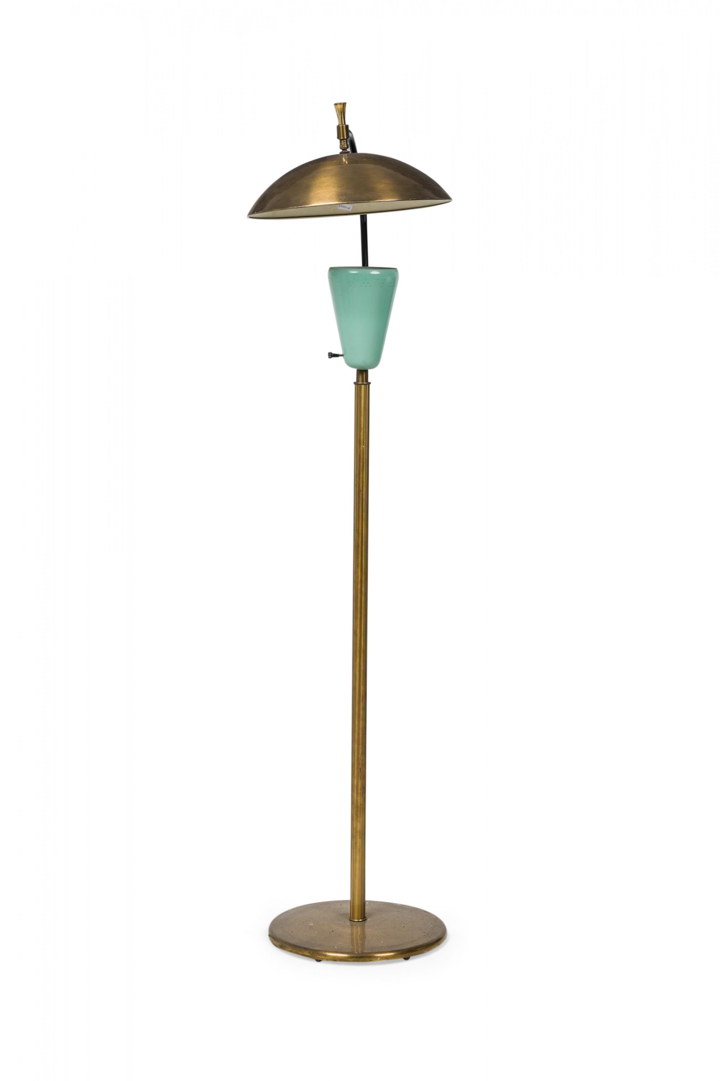 midcentury French (1950s) brass floor lamp with a torchere fixture encased in a conical mint green enameled metal shade, and topped with a hanging brass dome. (Pierre Guariche).
