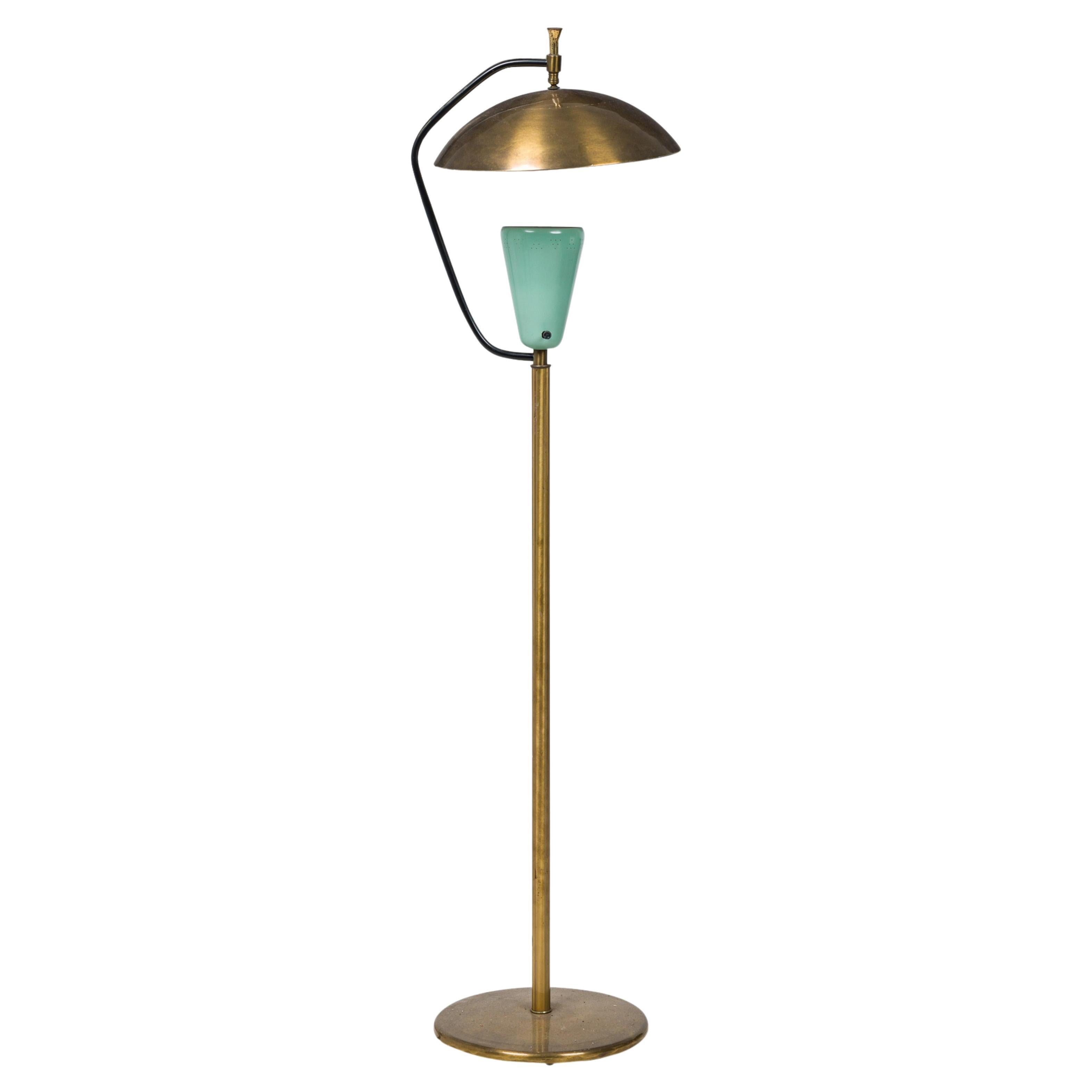 Pierre Guariche Midcentury French Brass and Green Enamel Floor Lamp For Sale