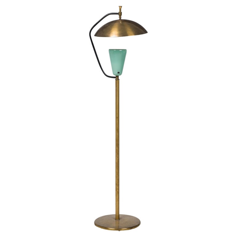 Pierre Guariche Midcentury French Brass and Green Enamel Floor Lamp For