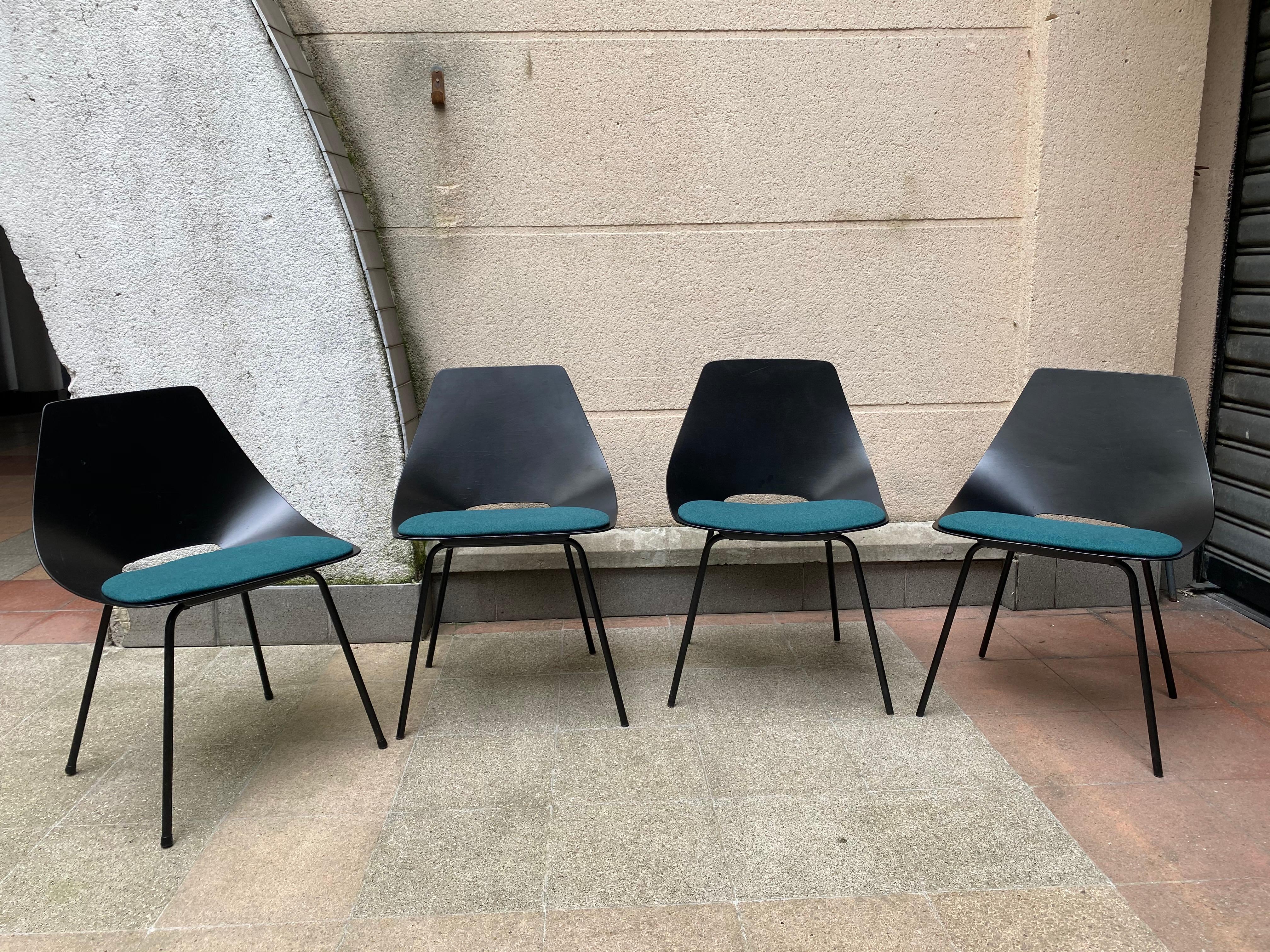 Wood Pierre Guariche Set of 4 Chairs Model Tonneau