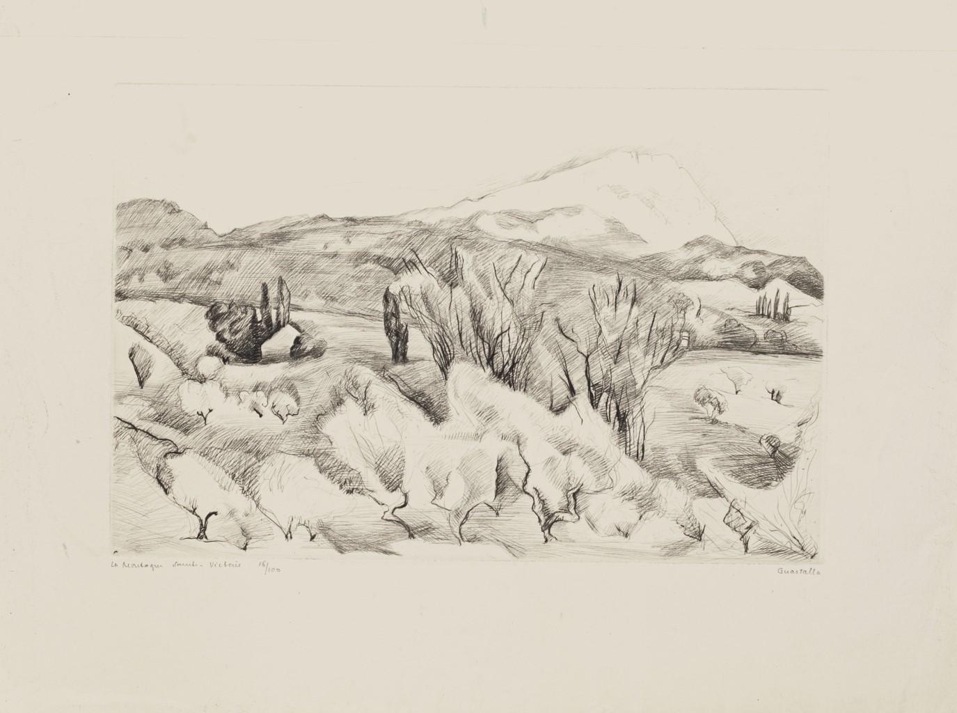 Figurative Print Pierre Guastalla - Les Montagnes Saint-Victoire - Gravure de P. Guastalla - Milieu du 20e siècle