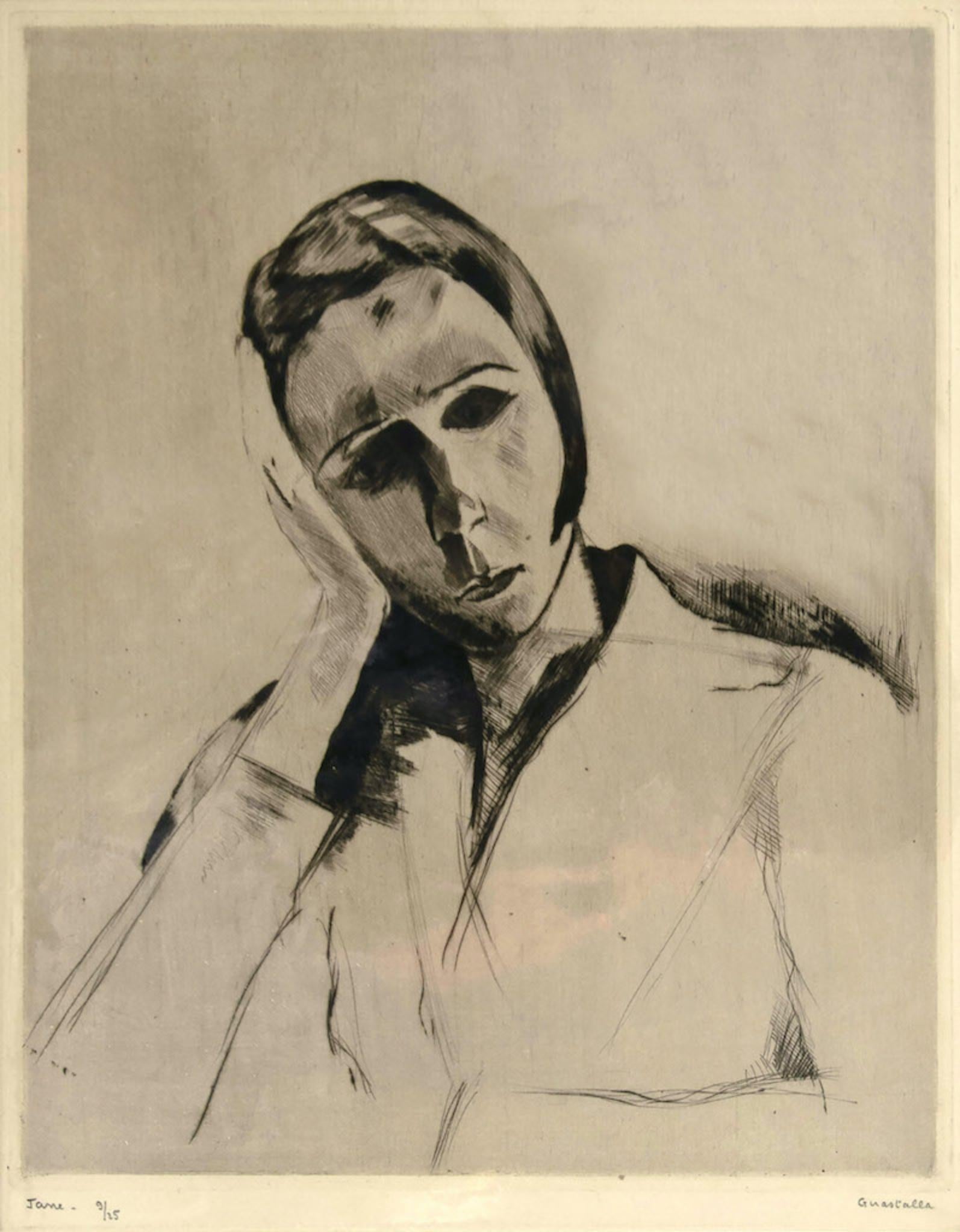 Portrait - Original Etching by Pierre Guastalla - 20th Century
