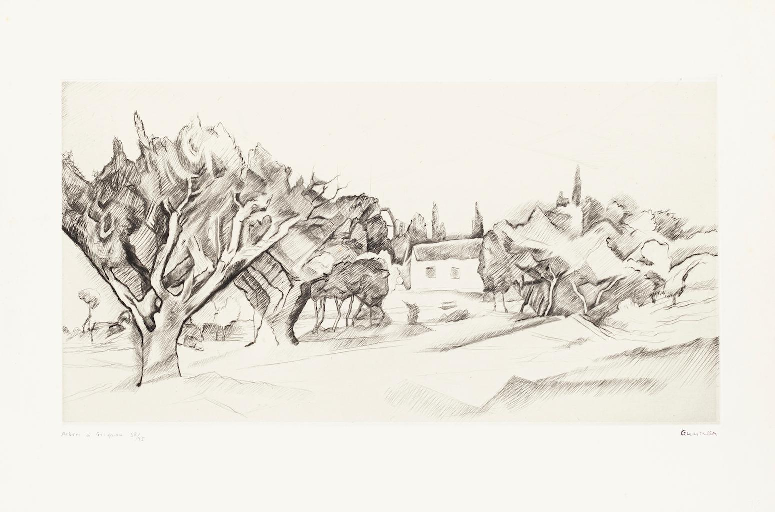 Pierre Guastalla Figurative Print - Trees in Grignon - Etching on Paper by P. Guastalla - Mid 20th Century
