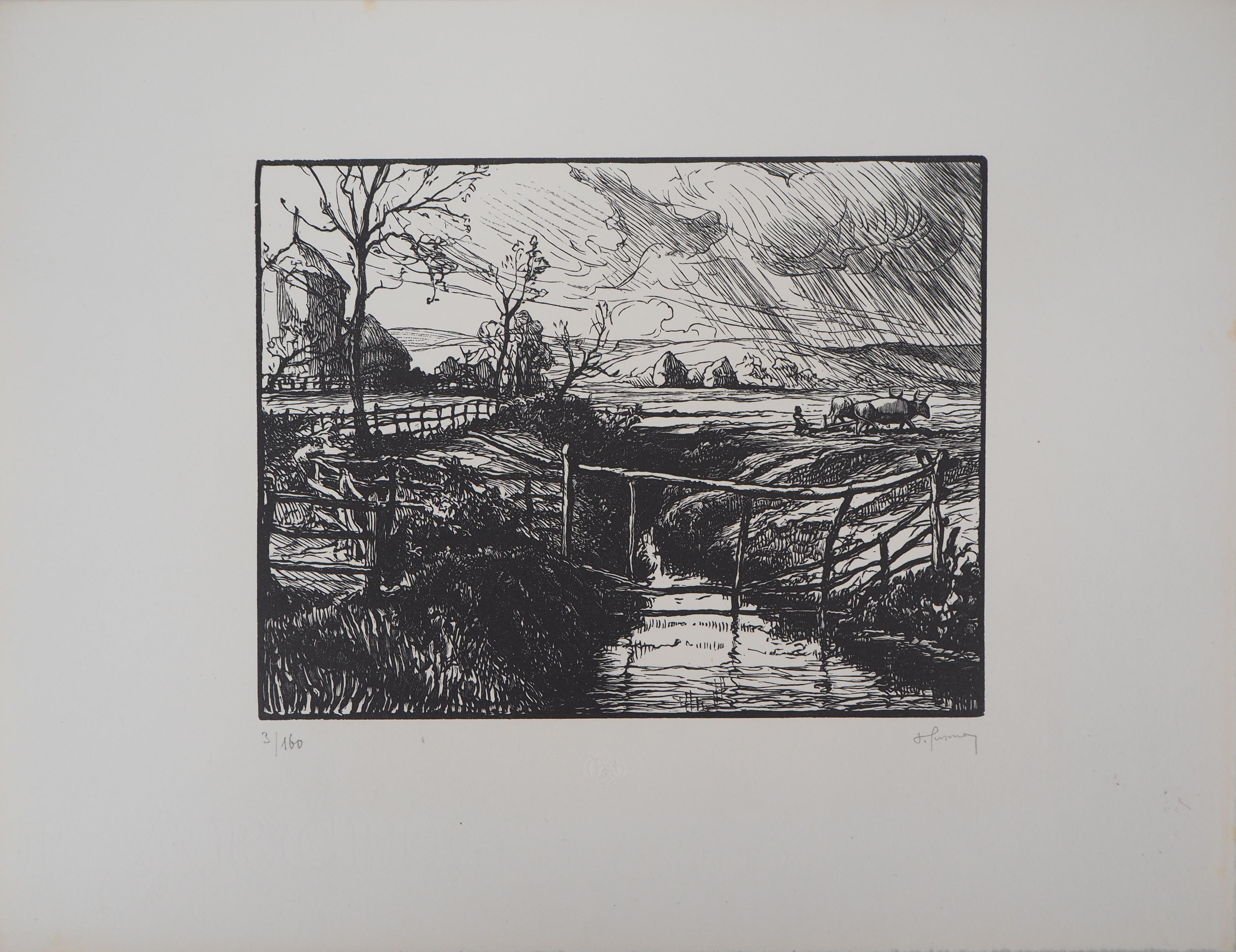 Italia : Campagna vicino a Roma - Ritaglio di legno originale, firmato a mano - Print di Pierre GUSMAN