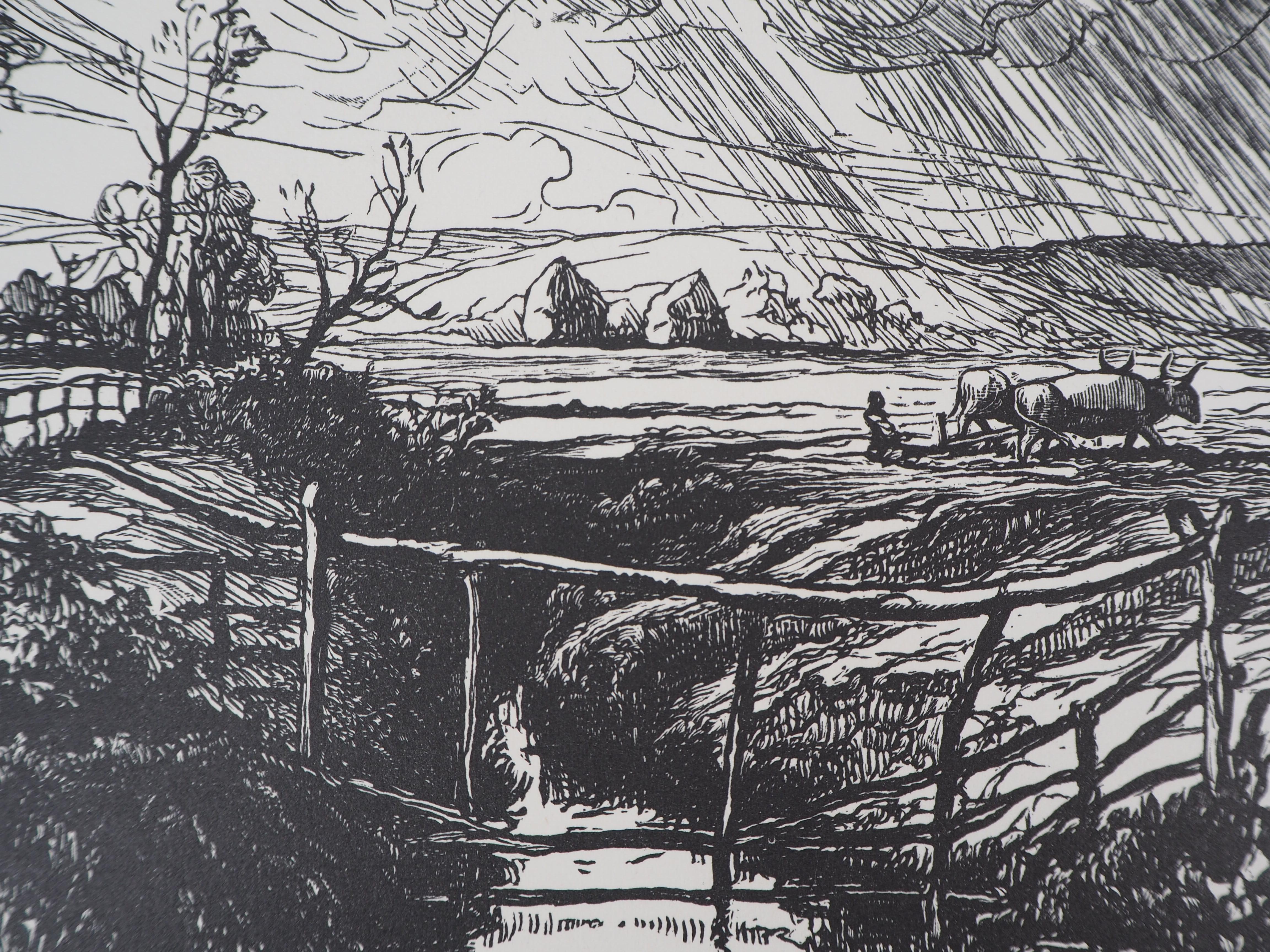 Italia : Campagna vicino a Roma - Ritaglio di legno originale, firmato a mano - Print Moderno di Pierre GUSMAN