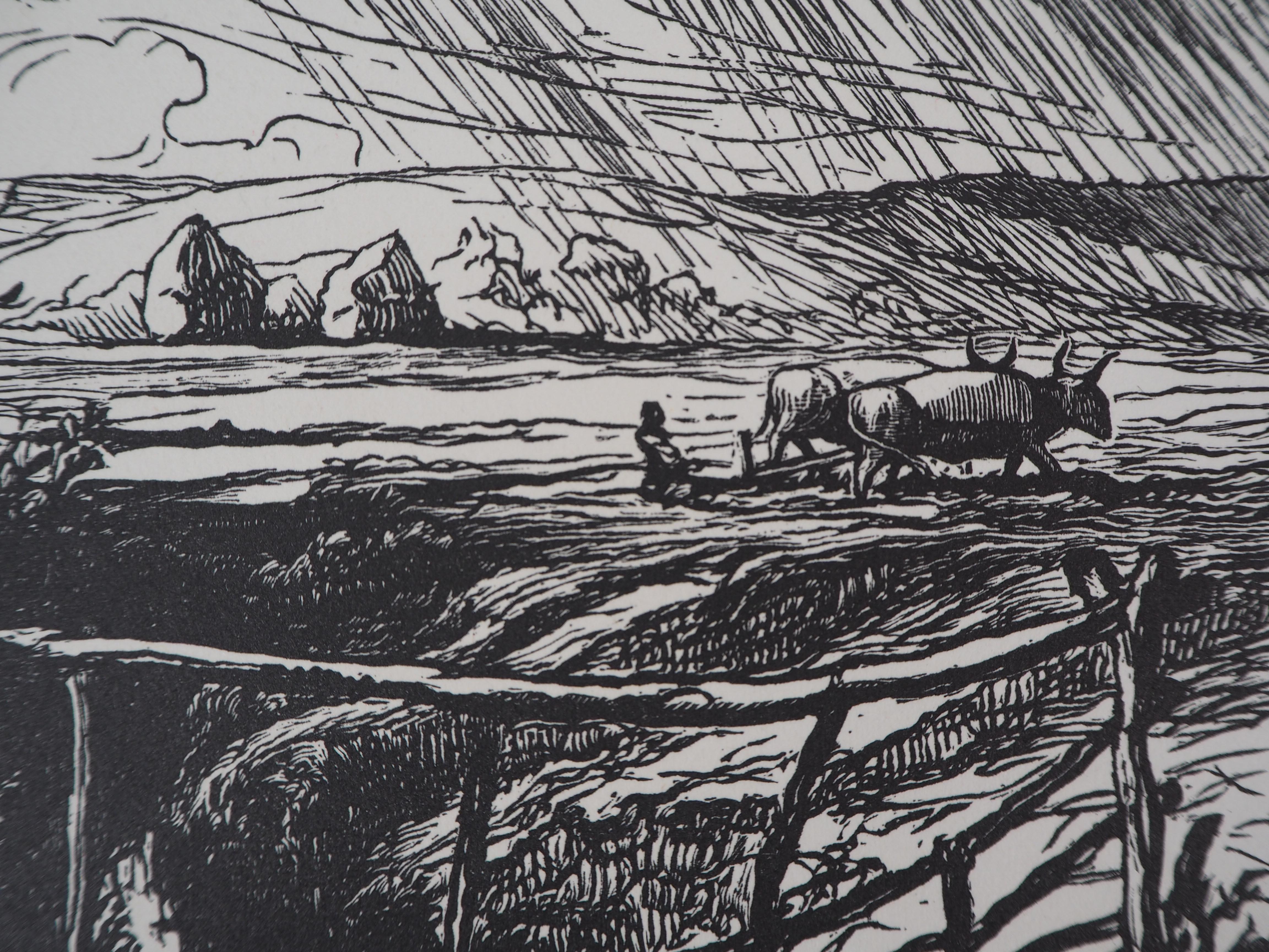 Italia : Campagna vicino a Roma - Ritaglio di legno originale, firmato a mano - Landscape Print Grigio di Pierre GUSMAN