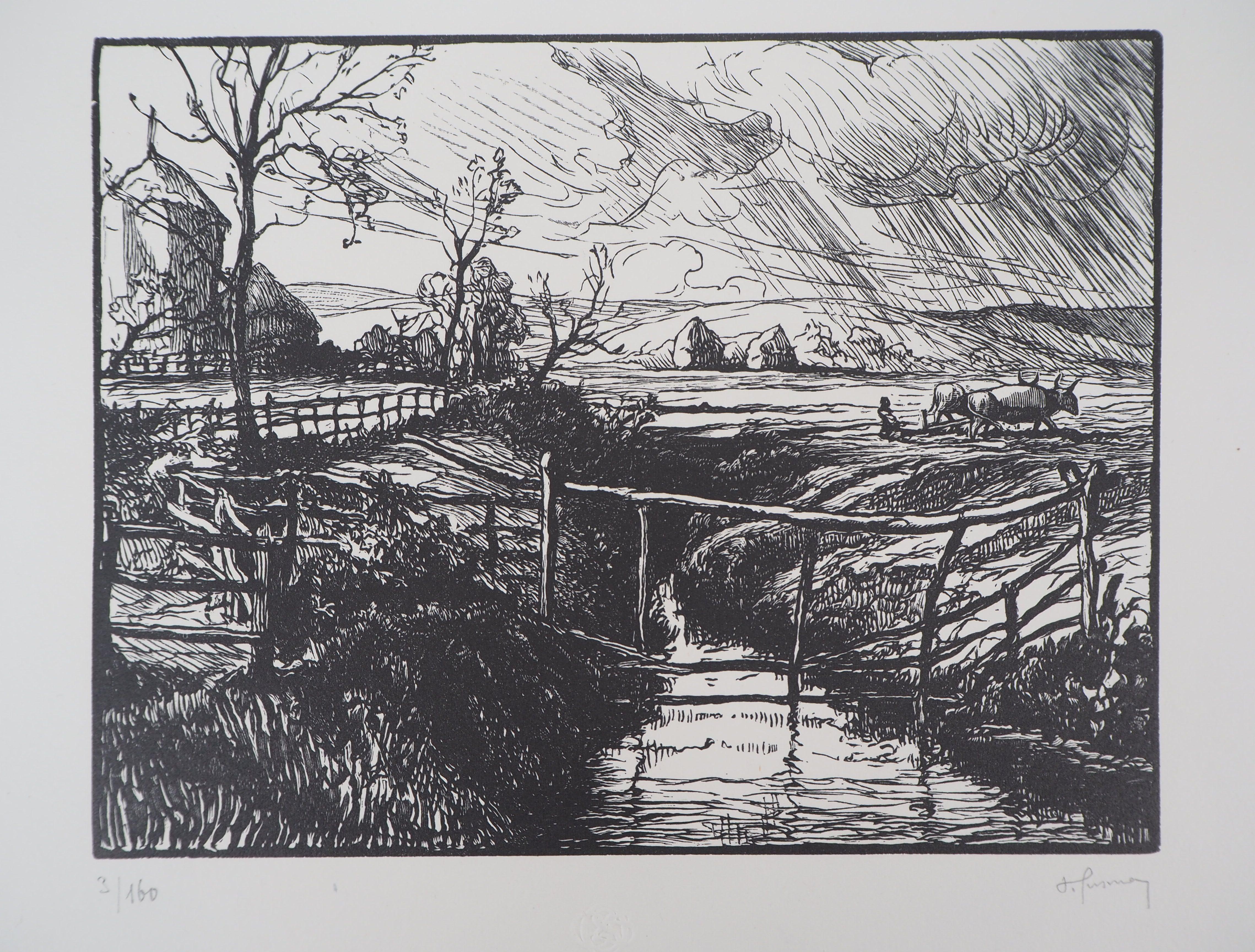 Landscape Print di Pierre GUSMAN - Italia : Campagna vicino a Roma - Ritaglio di legno originale, firmato a mano