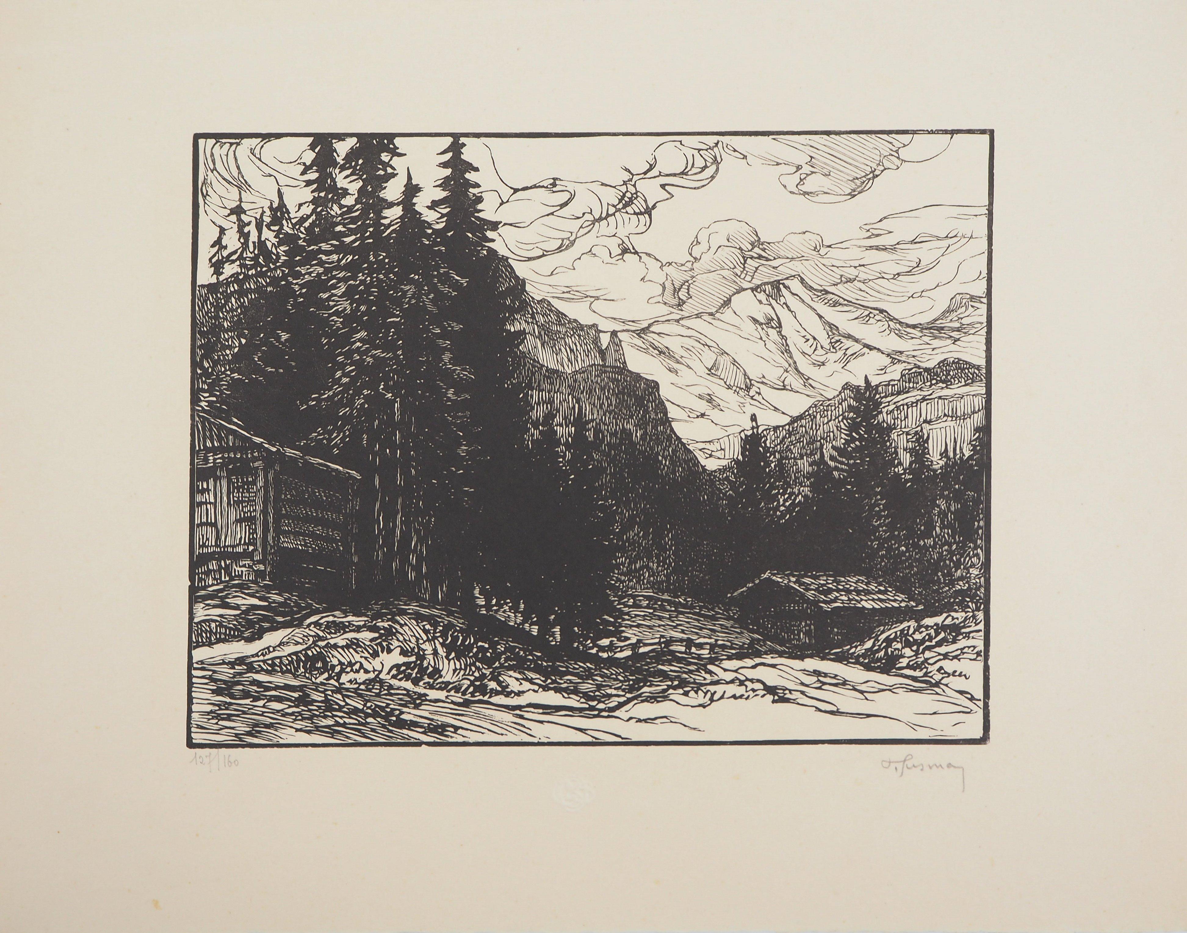 Paysage de montagne en Suisse - Bois gravé original, signé de la main de l'artiste - Print de Pierre GUSMAN