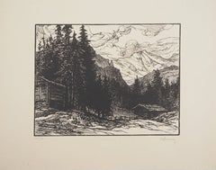 Mountain Landscape in Switzerland - Original Wooodcut, Handsigned