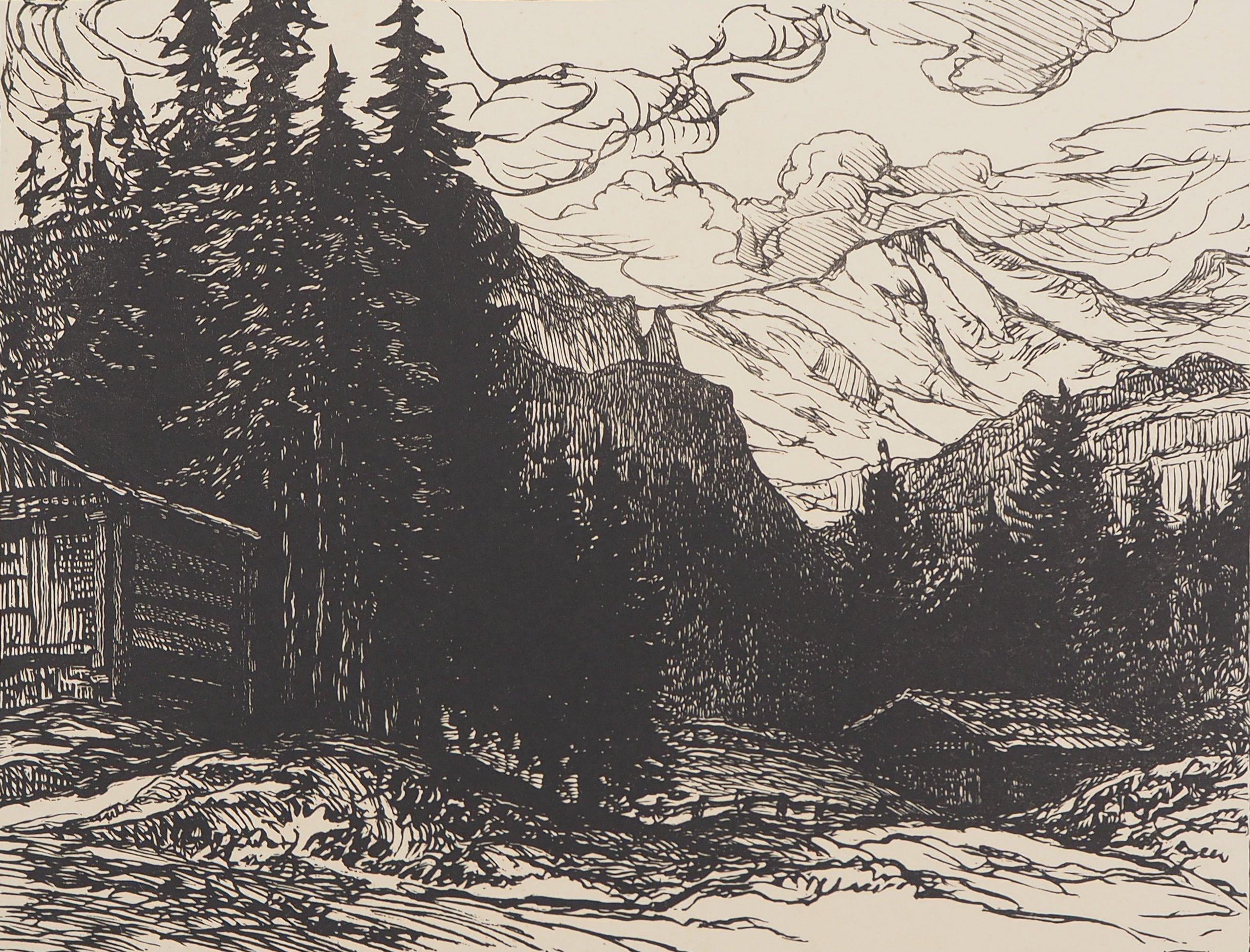 Paysage de montagne en Suisse - Bois gravé original, signé de la main de l'artiste - Moderne Print par Pierre GUSMAN
