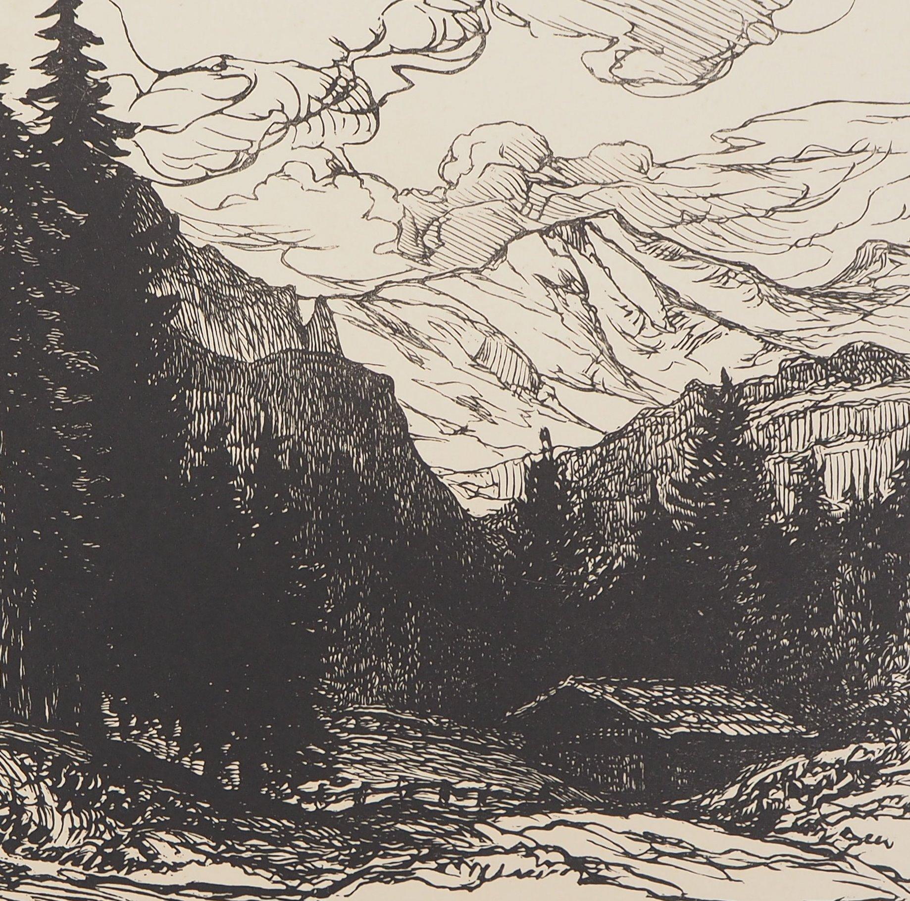 Paysage de montagne en Suisse - Bois gravé original, signé de la main de l'artiste - Beige Landscape Print par Pierre GUSMAN