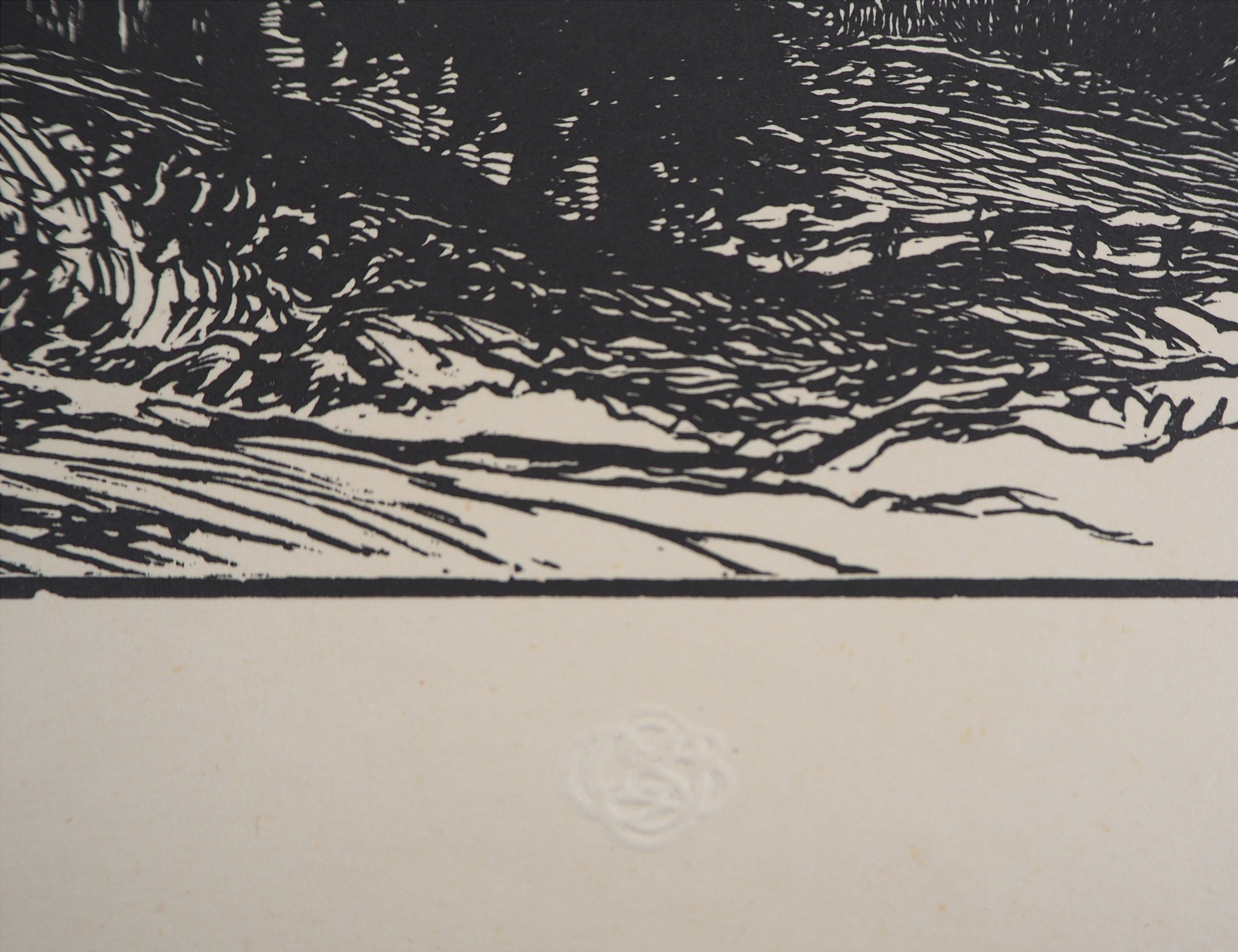 Pierre GUSMAN (1862-1942)
Paysage de montagne en Suisse, 1924

Gravure sur bois originale
Signé à la main au crayon
Numéroté /160
Sur vélin 32.5 x 25 cm (c. 12,7 x 9,5 in)

Édité pour l'Imagier de la Gravure sur Bois et portant le cachet de
