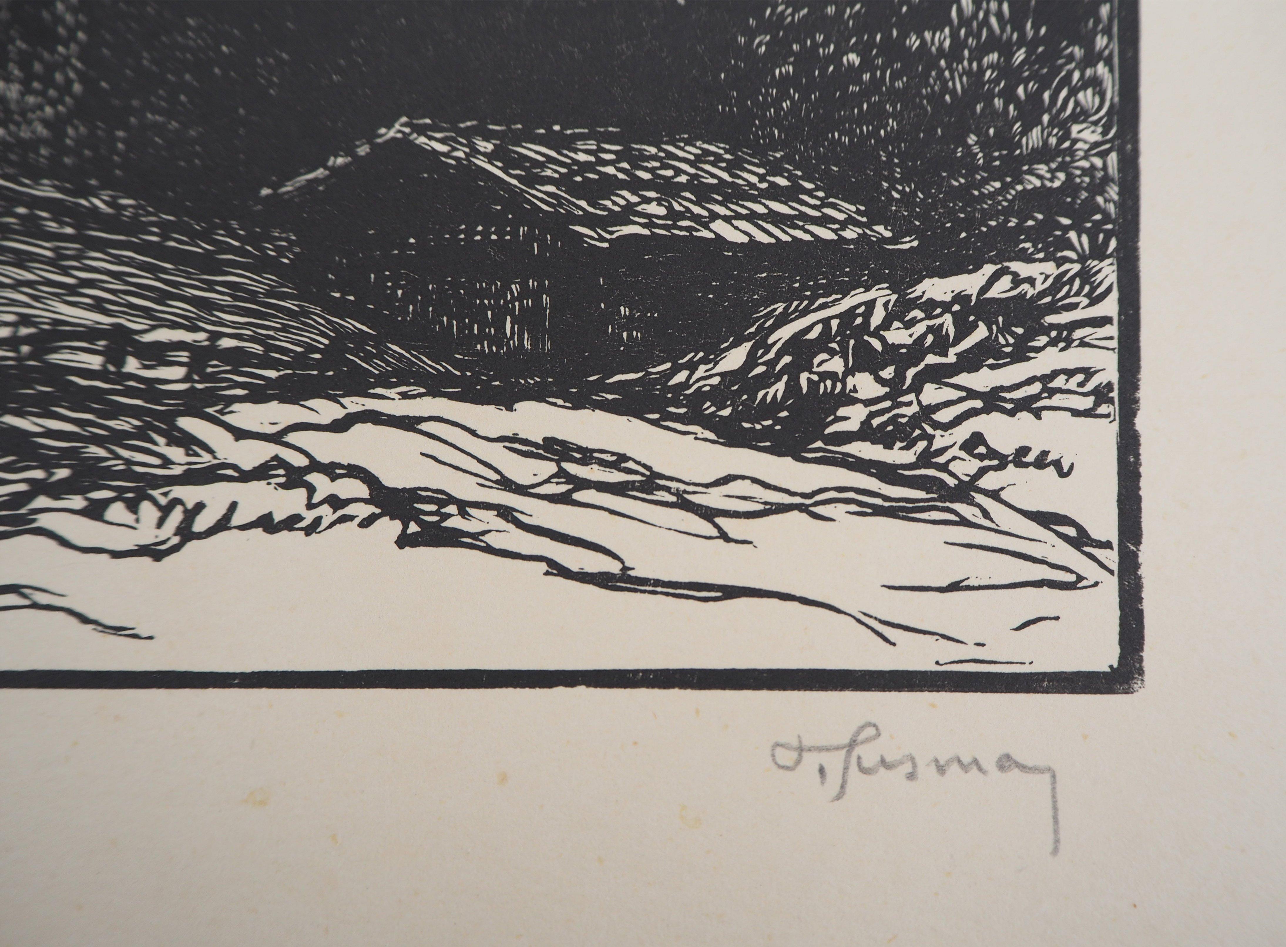 Paysage de montagne en Suisse - Bois gravé original, signé de la main de l'artiste en vente 1