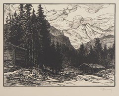 Mountain Landscape in Switzerland - Original Wooodcut, Handsigned