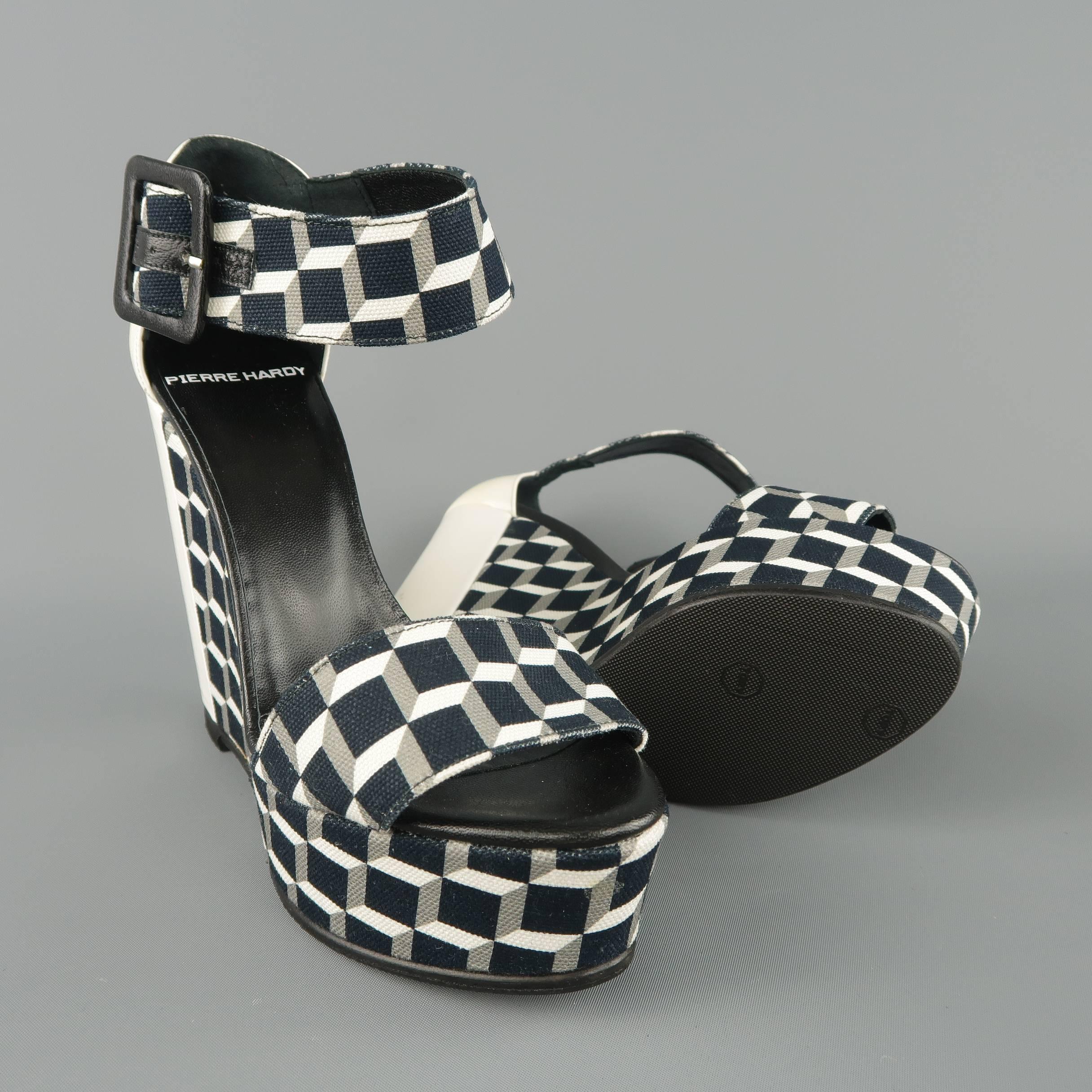 PIERRE HARDY 6 Black & White Geometric Canvas & Patent Leather Wedge Sandals In Fair Condition In San Francisco, CA