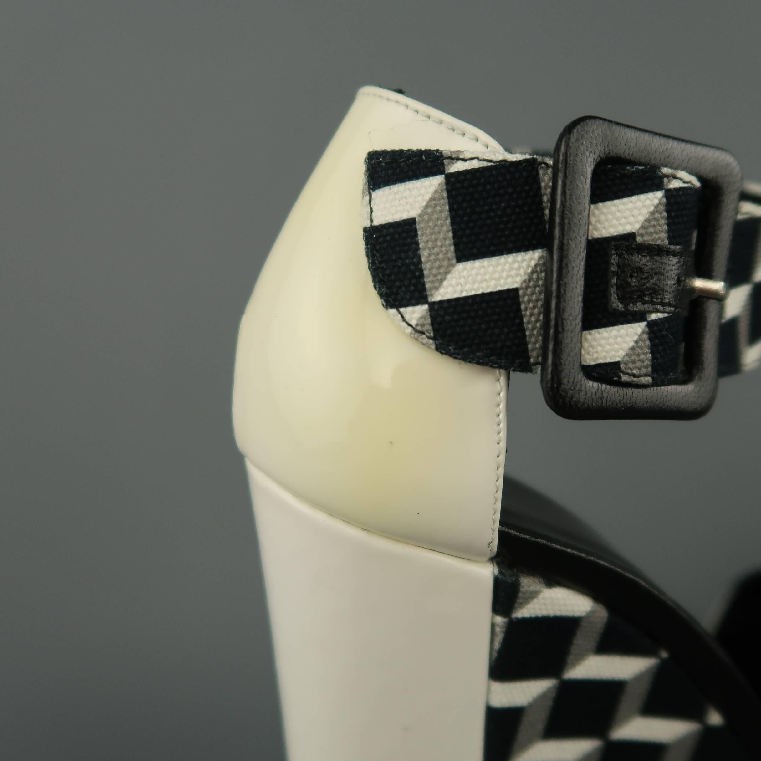 Women's PIERRE HARDY 6 Black & White Geometric Canvas & Patent Leather Wedge Sandals