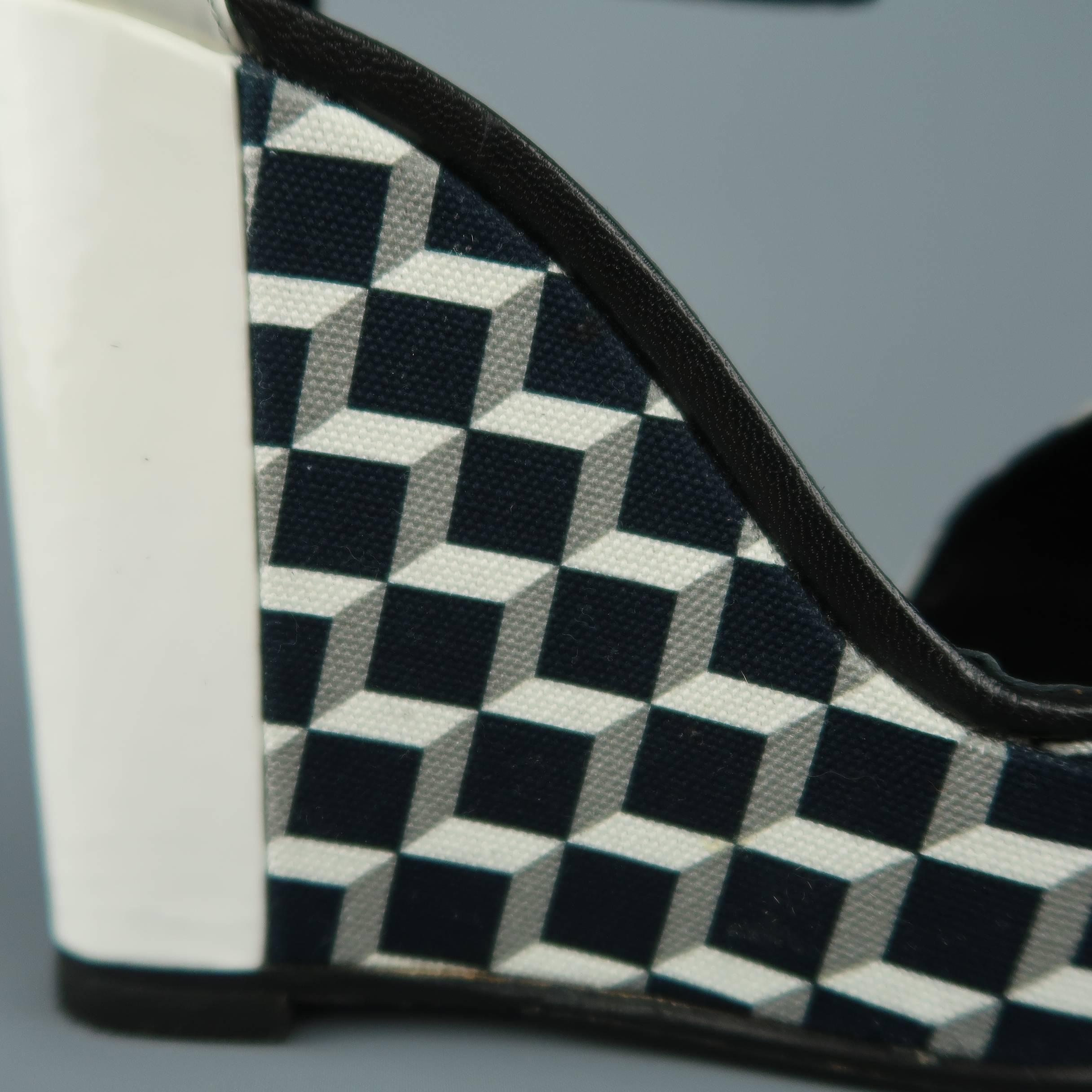 PIERRE HARDY 6 Black & White Geometric Canvas & Patent Leather Wedge Sandals 1