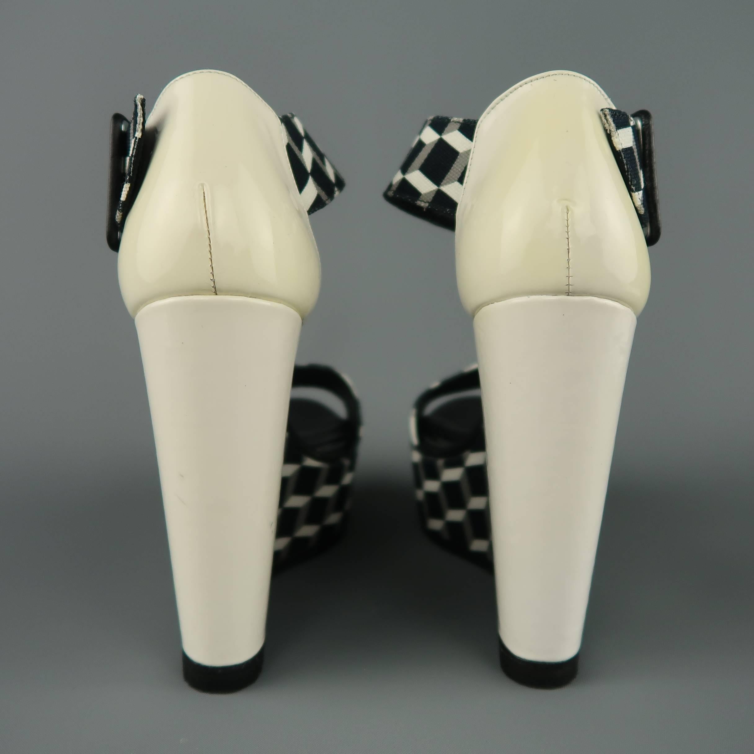 PIERRE HARDY 6 Black & White Geometric Canvas & Patent Leather Wedge Sandals 2