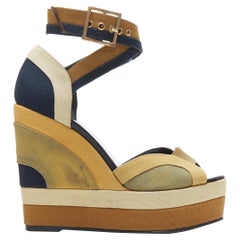 PIERRE HARDY beige tan blue canvas colorblocked open toe ankle wrap wedge EU36