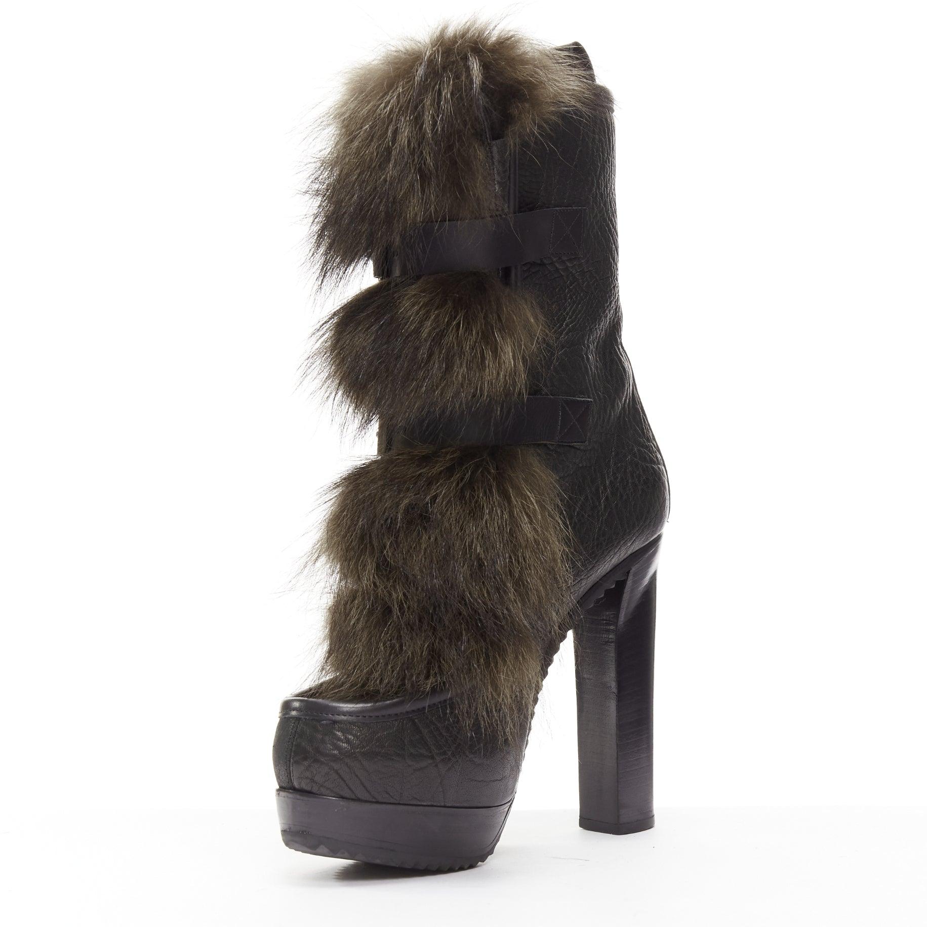 Women's PIERRE HARDY black grained leather fur front trio buckle platform boot EU37.5 For Sale