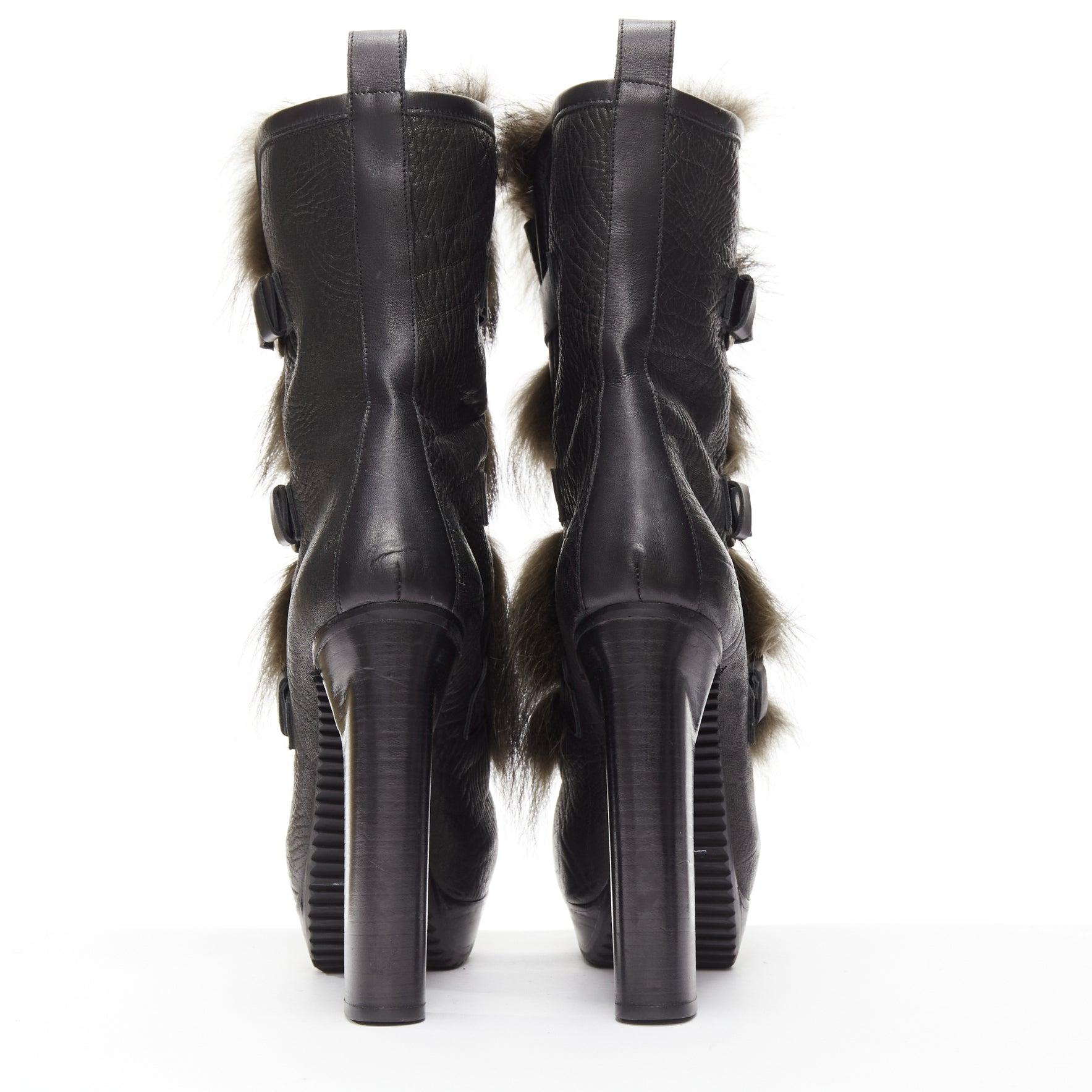 PIERRE HARDY black grained leather fur front trio buckle platform boot EU37.5 For Sale 1