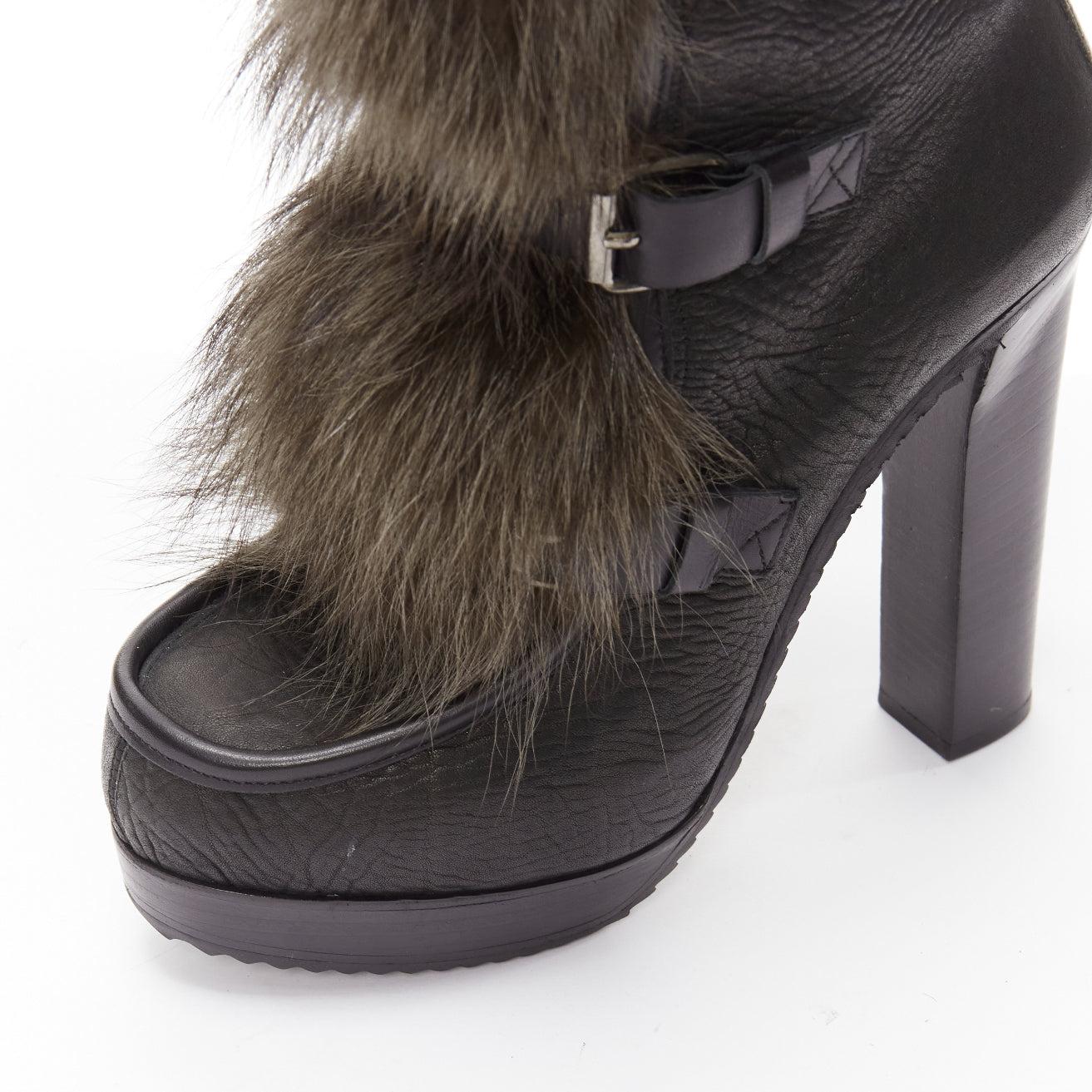 PIERRE HARDY black grained leather fur front trio buckle platform boot EU37.5 For Sale 3