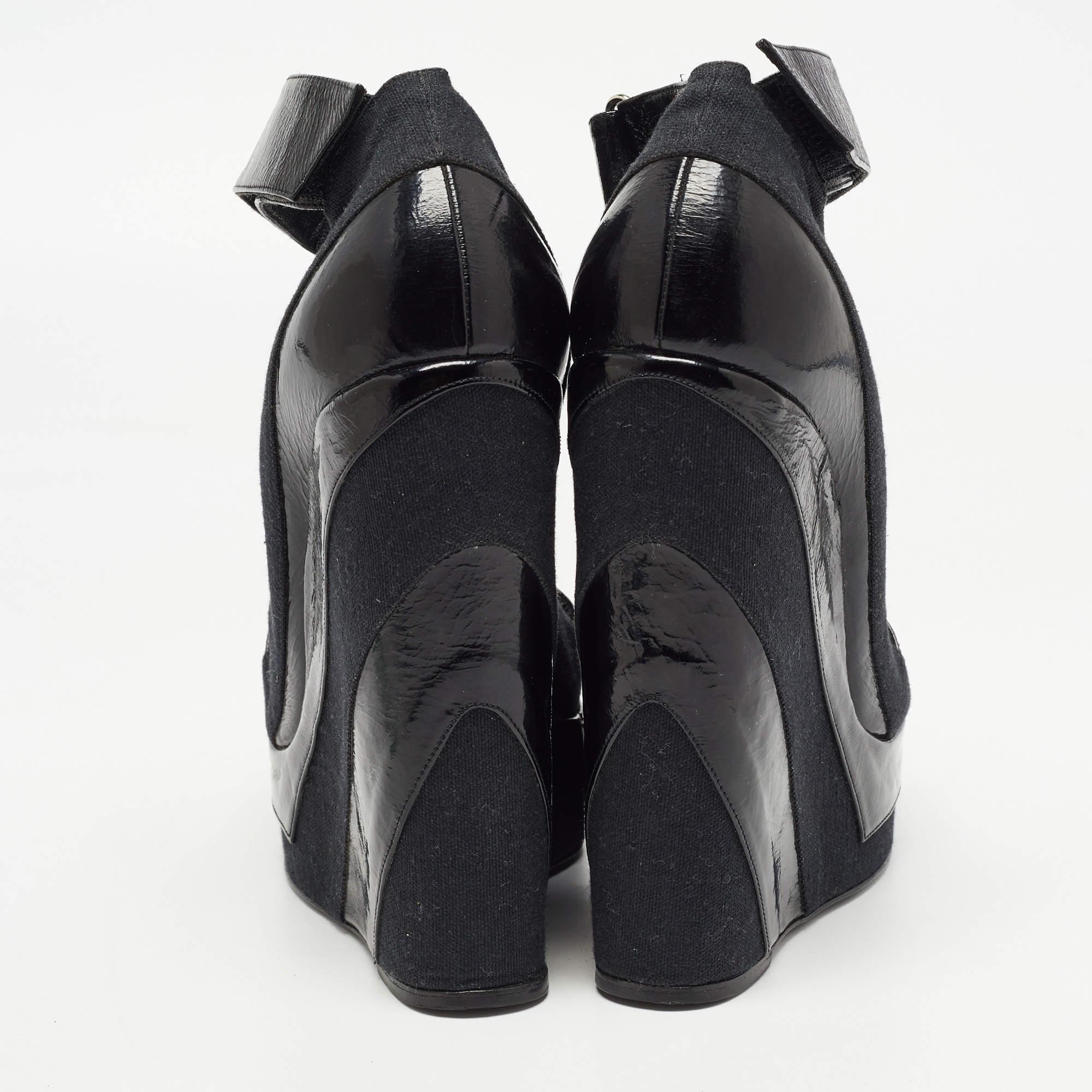 Pierre Hardy Black Leather and Canvas Ankle Strap Wedge Pumps Size 40 For Sale 1