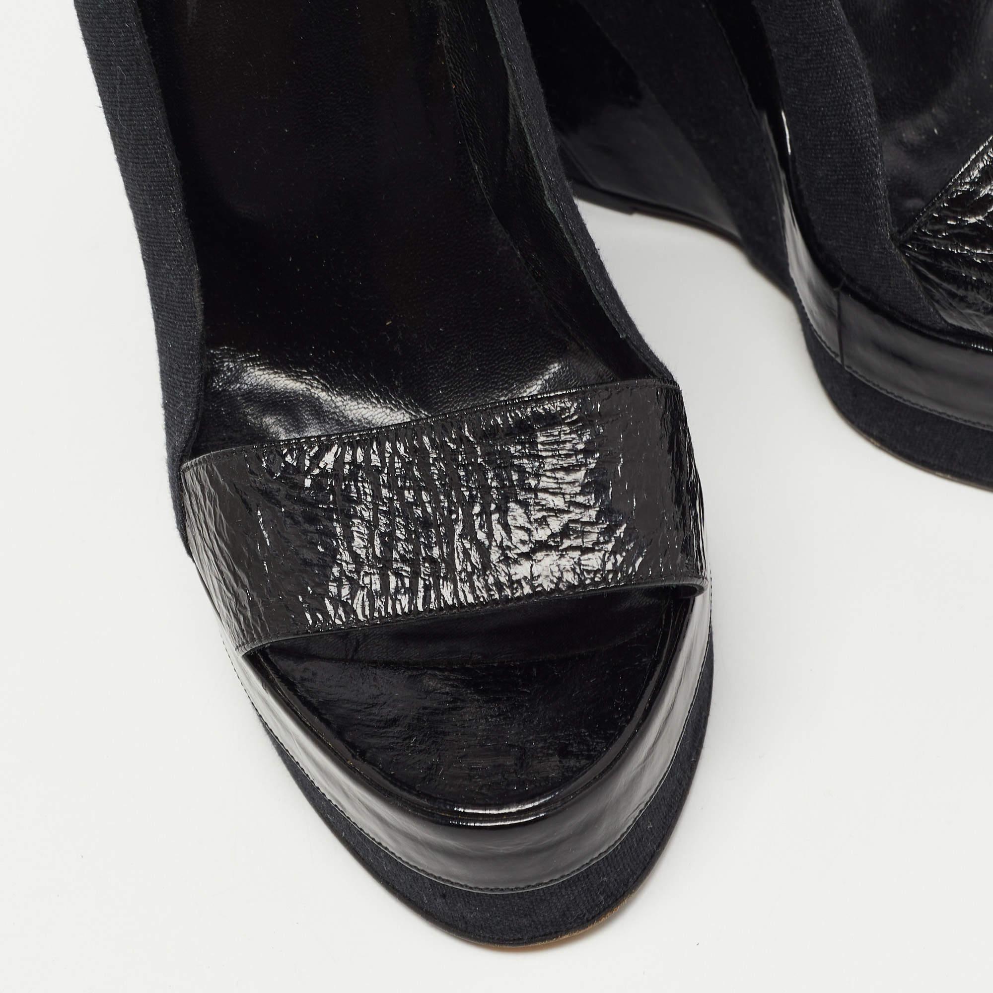 Pierre Hardy Black Leather and Canvas Ankle Strap Wedge Pumps Size 40 For Sale 3