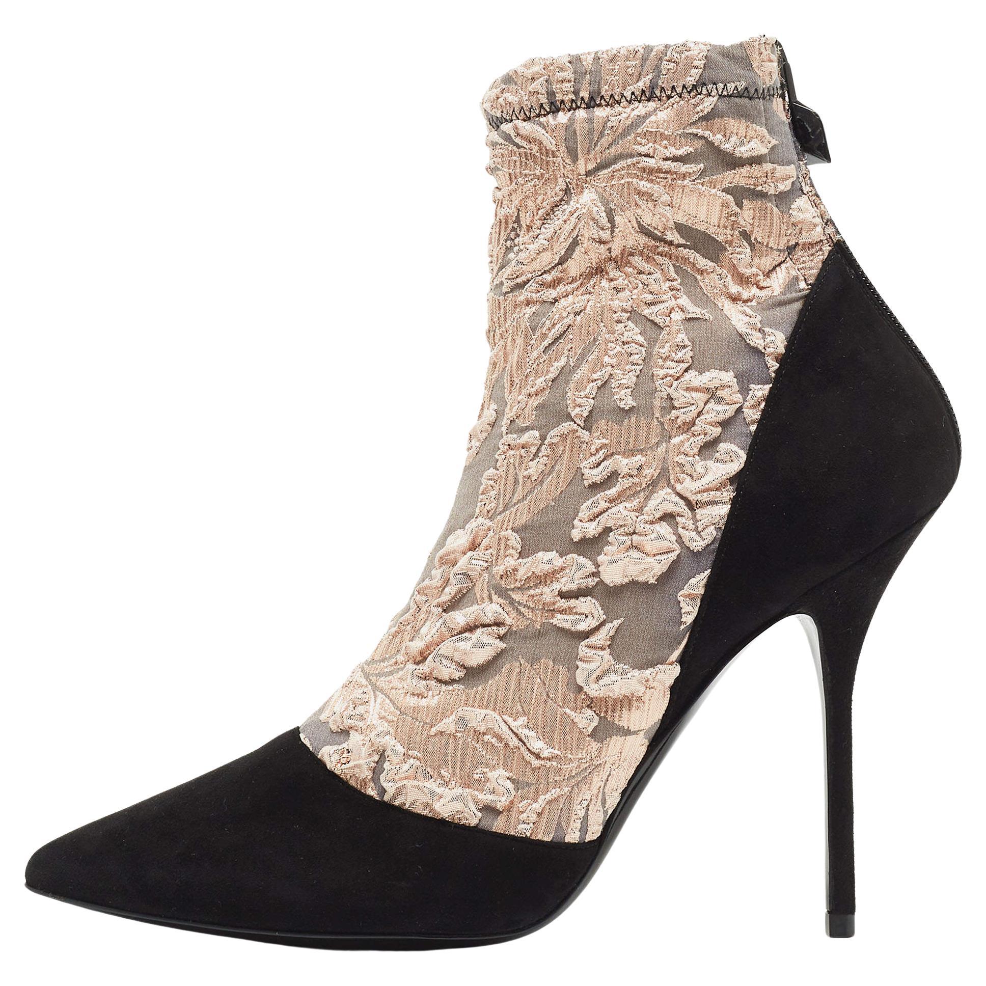 Pierre Hardy Black/Metallic Peach Fabric and Suede Dolly Pointed Toe Ankle Booti For Sale