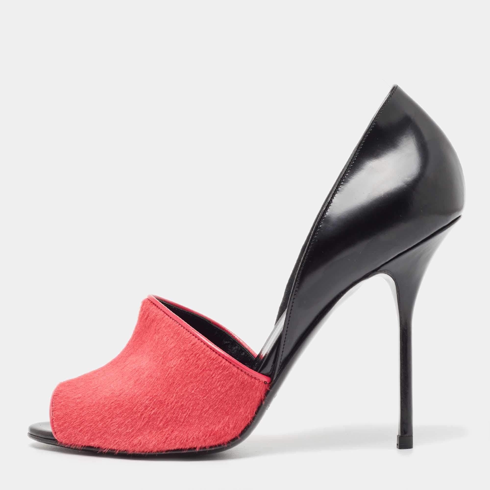 Pierre Hardy Black/Pink Calf Hair Leather and Calf Hair Open Toe Pumps Size 38 For Sale 1