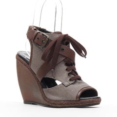 PIERRE HARDY brown canvas cross strap buckled open toe curved wooden wedge EU36
