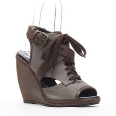 PIERRE HARDY brown canvas cross strap buckled open toe curved wooden wedge EU36