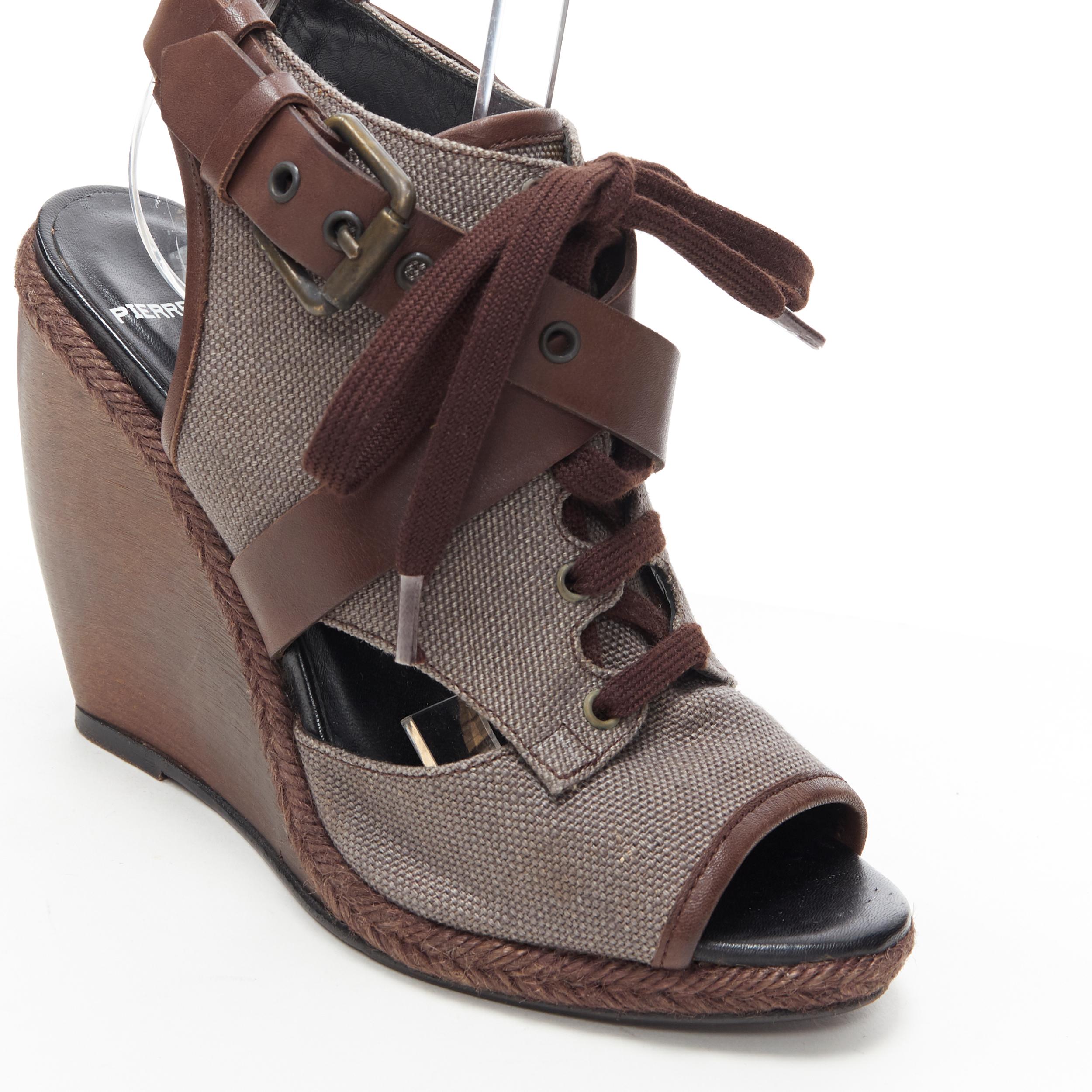 PIERRE HARDY brown canvas cross strap buckled open toe curved wooden wedge EU36 1