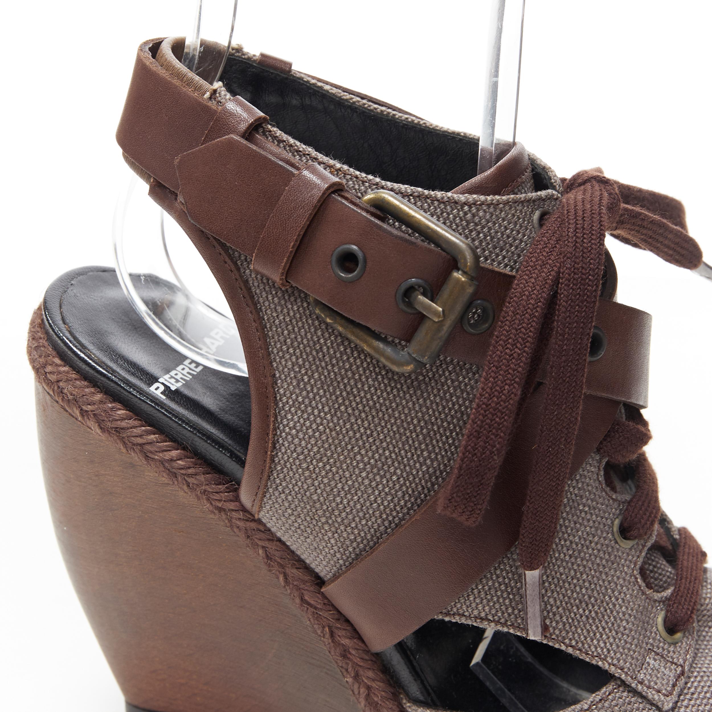PIERRE HARDY brown canvas cross strap buckled open toe curved wooden wedge EU36 2
