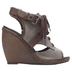 PIERRE HARDY brown canvas cross strap buckled open toe curved wooden wedge EU36