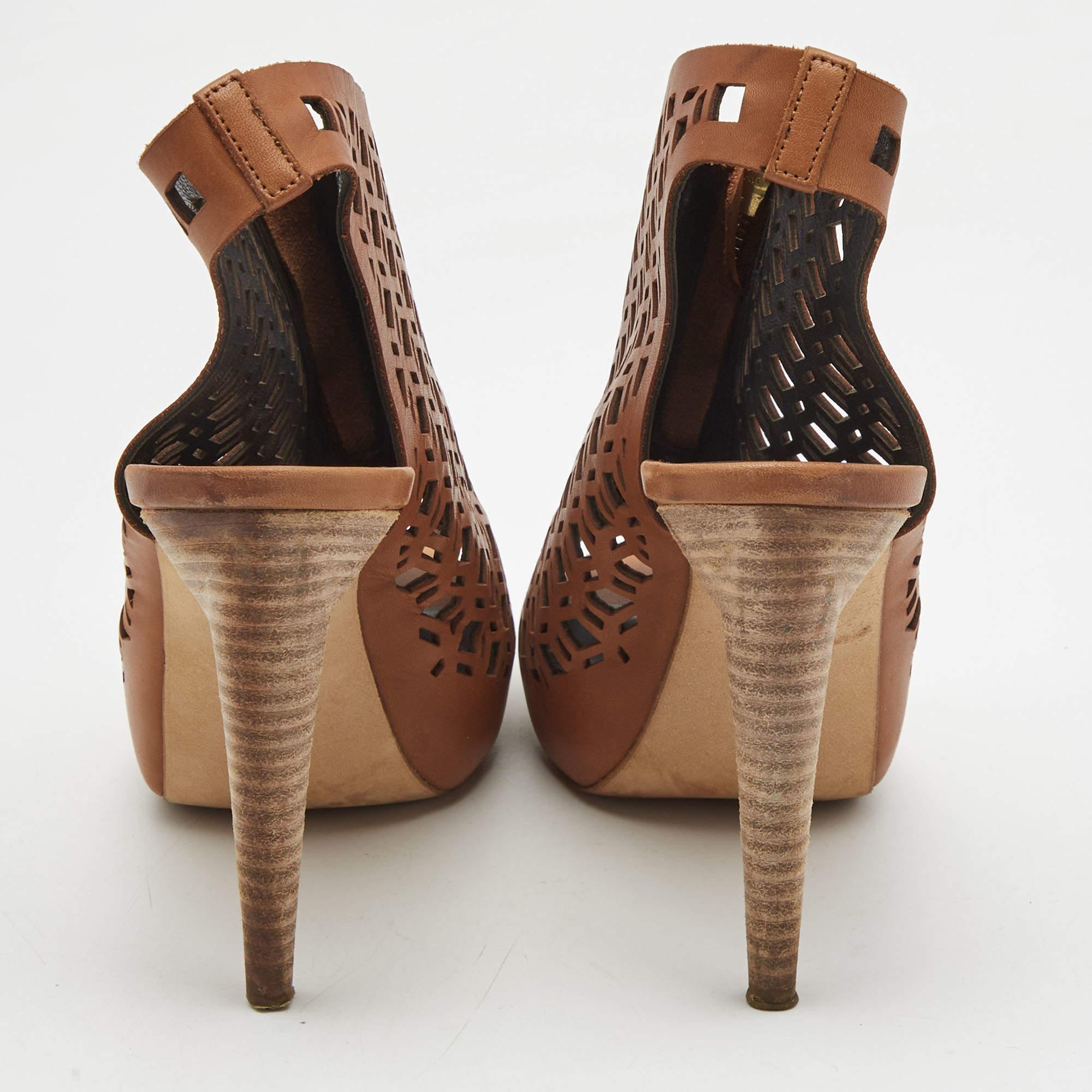 Pierre Hardy Brown Leather Laser Cut Out Zip Detail Booties Size 36.5 For Sale 1