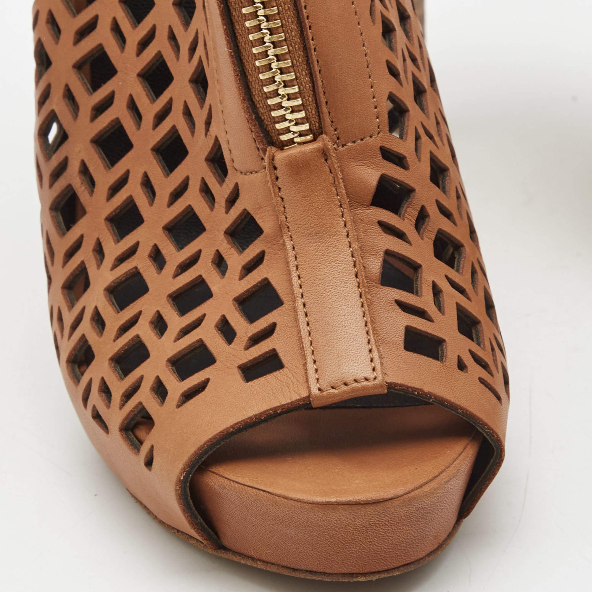 Pierre Hardy Brown Leather Laser Cut Out Zip Detail Booties Size 36.5 For Sale 3