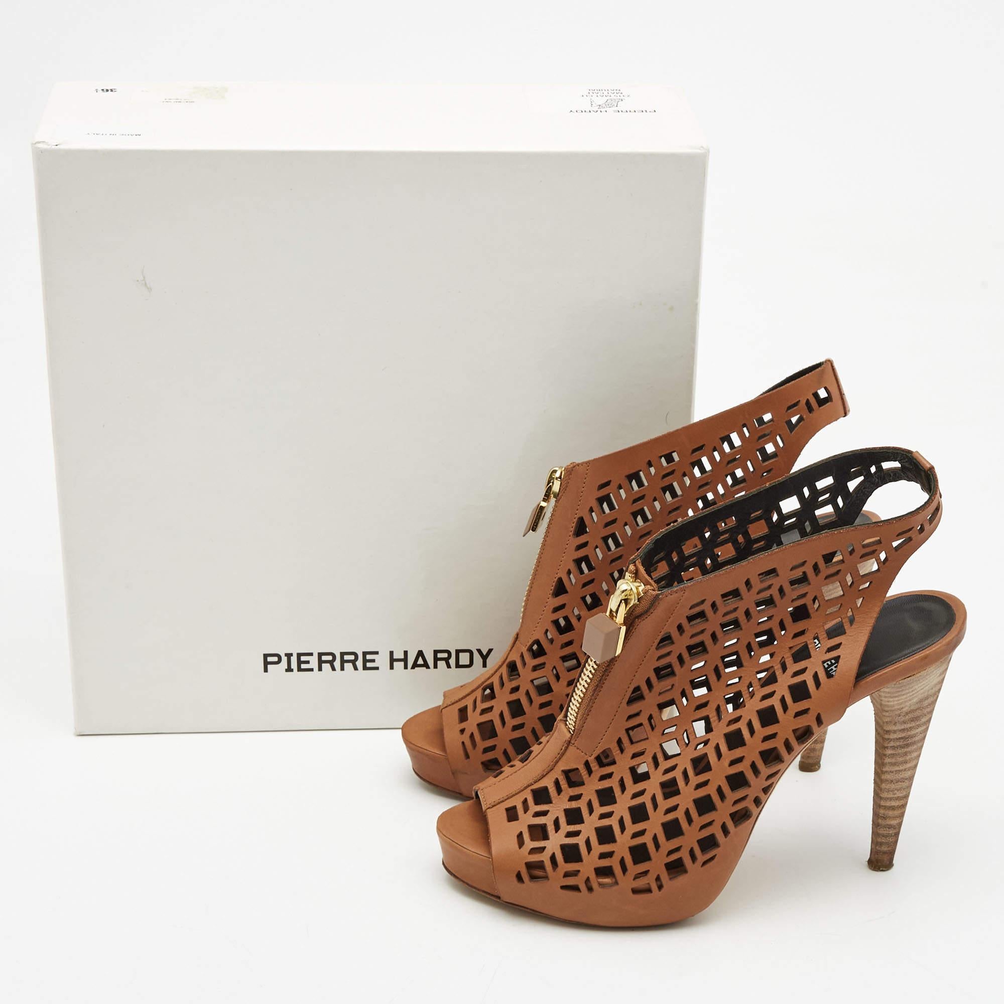 Pierre Hardy Brown Leather Laser Cut Out Zip Detail Booties Size 36.5 For Sale 5