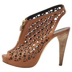 Pierre Hardy Brown Leather Laser Cut Out Zip Detail Booties Size 36.5