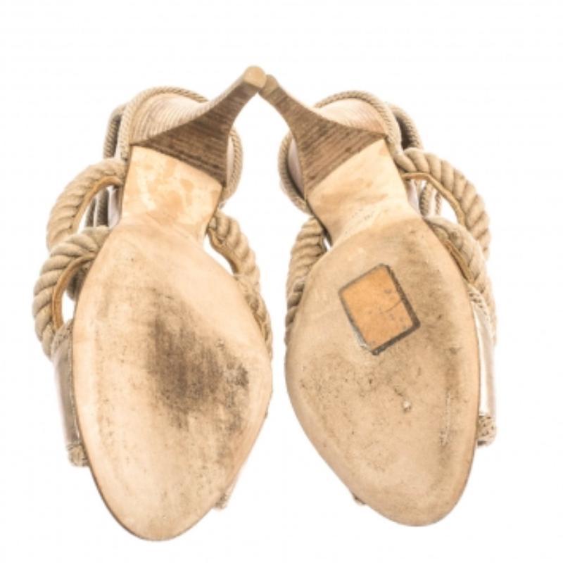 Marrone Pierre Hardy - Sandali a gabbia in pelle oro e corda beige - misura 40 in vendita