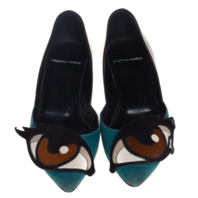 Pierre Hardy Multicolor Leather and Suede Oh Roy Eye Kitten Heel Pumps Size 38 In Fair Condition For Sale In Dubai, Al Qouz 2