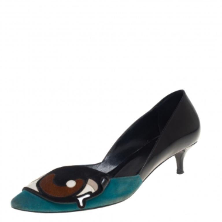 Pierre Hardy Multicolor Leather and Suede Oh Roy Eye Kitten Heel Pumps Size 38 For Sale 1