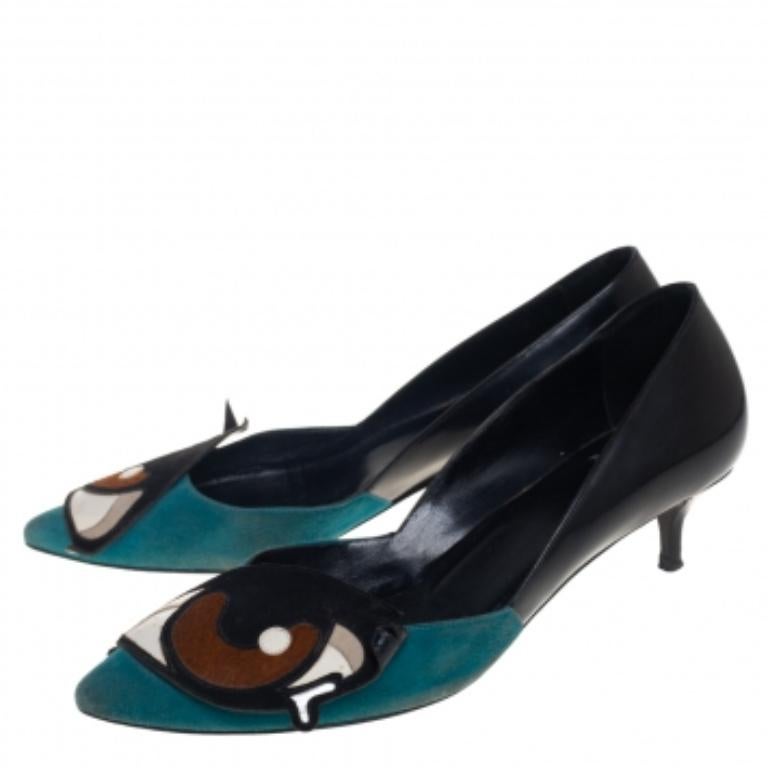 Pierre Hardy Multicolor Leather and Suede Oh Roy Eye Kitten Heel Pumps Size 38 For Sale 2