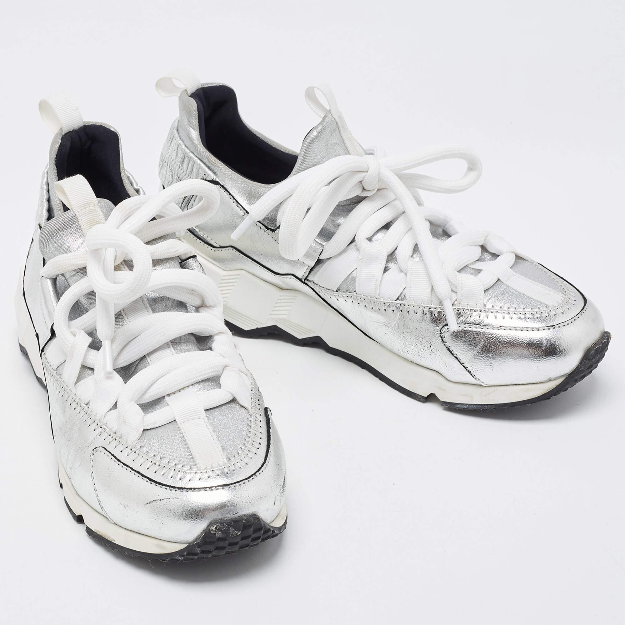 Women's Pierre Hardy Silver Leather and Neoprene Low Top Sneakers Size 36 For Sale