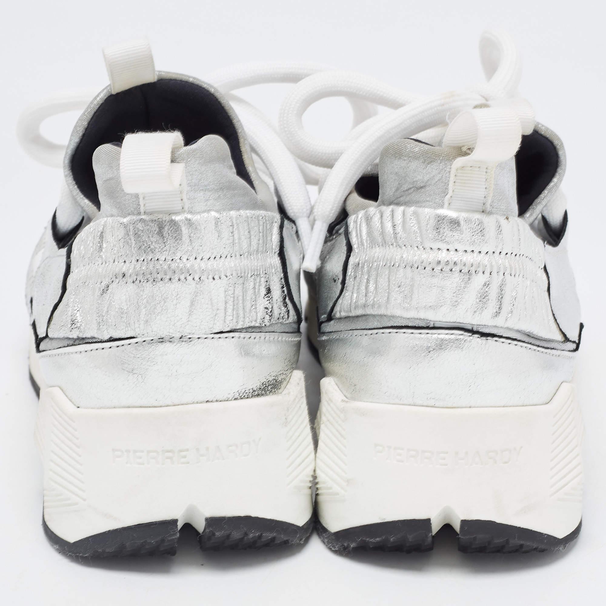 Pierre Hardy Silver Leather and Neoprene Low Top Sneakers Size 36 For Sale 1