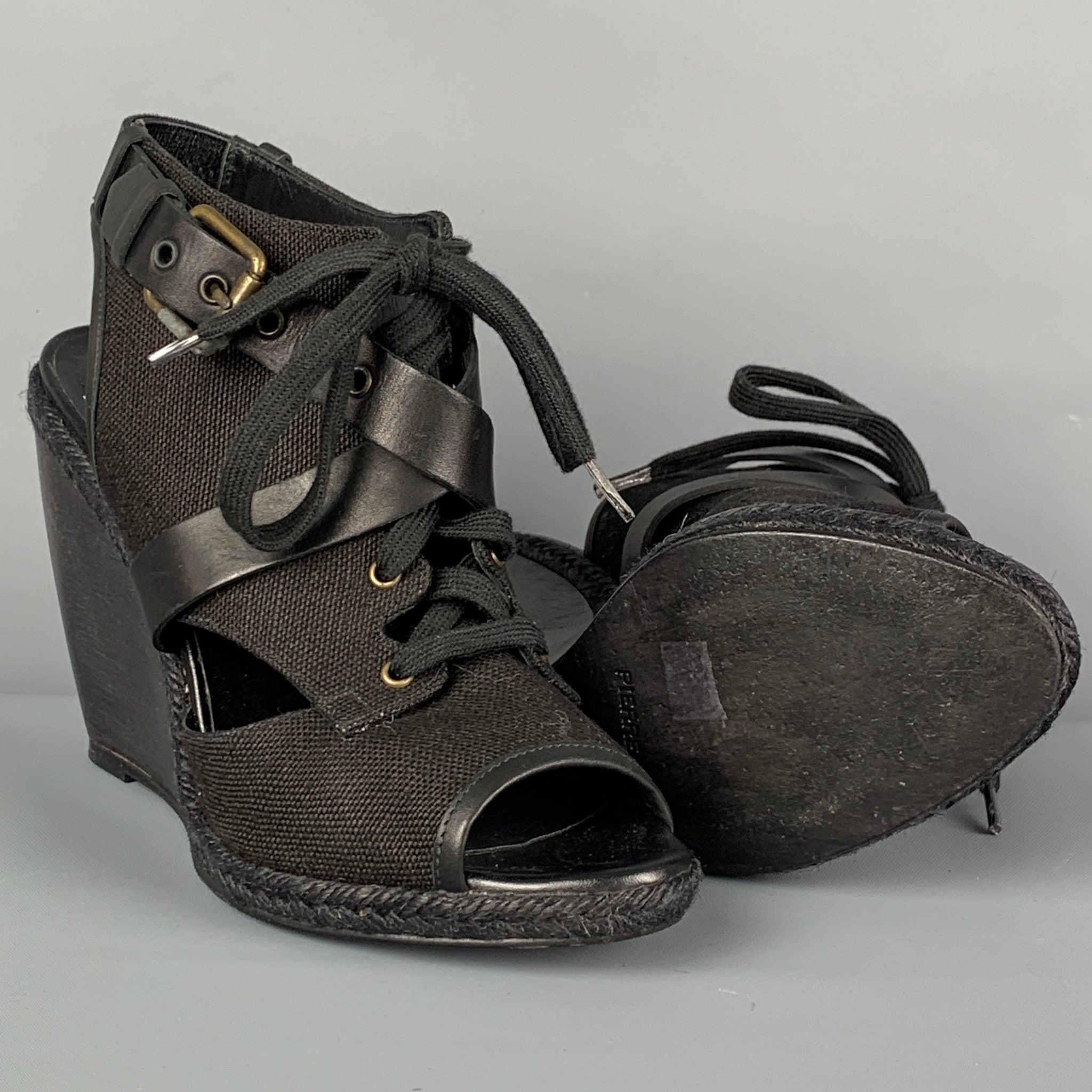 PIERRE HARDY Size 10 Black Canvas Leather Espadrille Wedge Sandals In Good Condition For Sale In San Francisco, CA