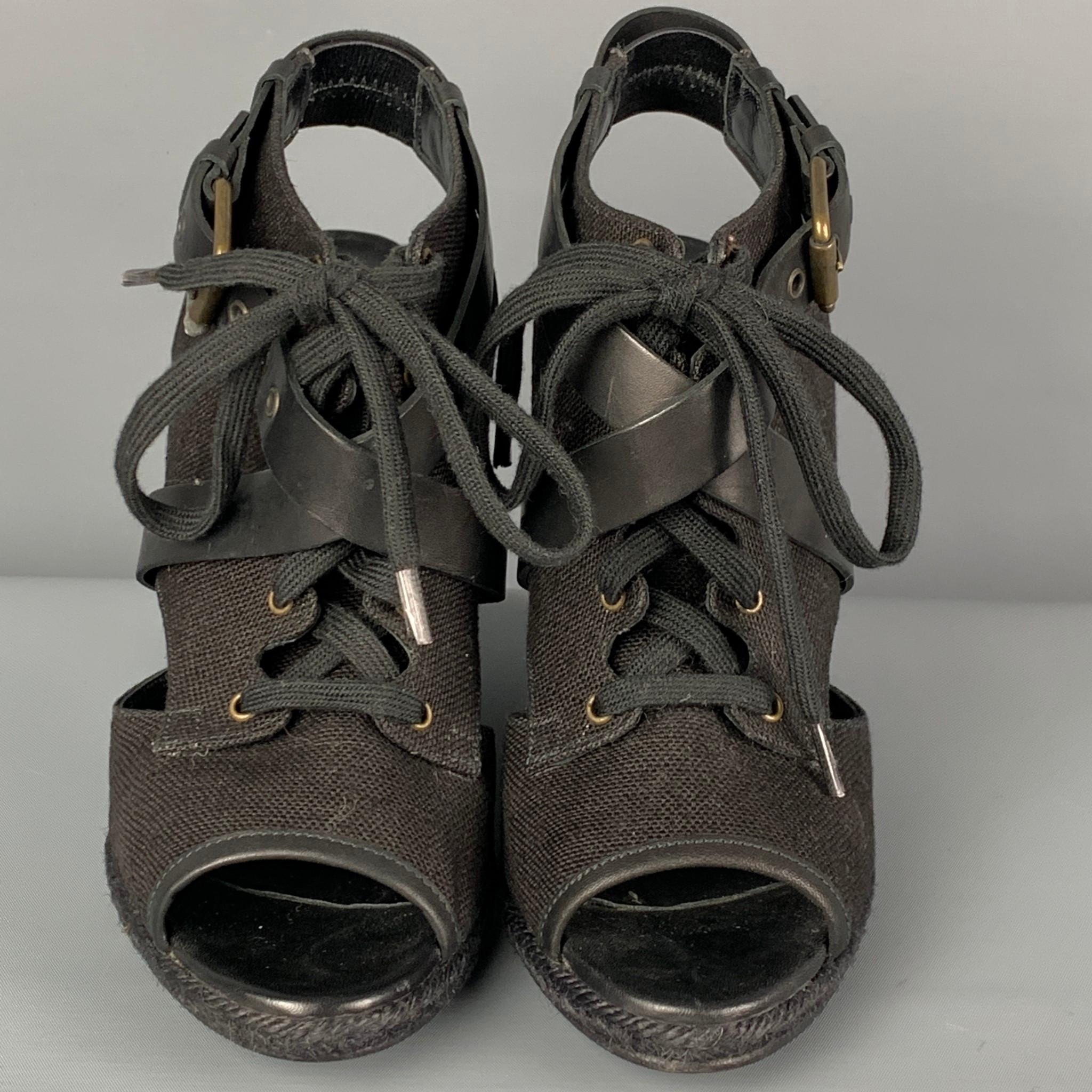 Women's PIERRE HARDY Size 10 Black Canvas Leather Espadrille Wedge Sandals