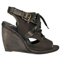 PIERRE HARDY Size 10 Black Canvas Leather Espadrille Wedge Sandals
