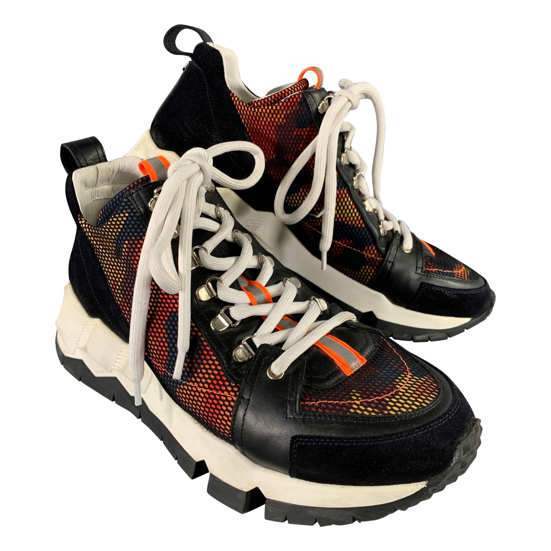 PIERRE HARDY Size 13 Black White Orange Mesh Canvas Runner Sneakers For Sale